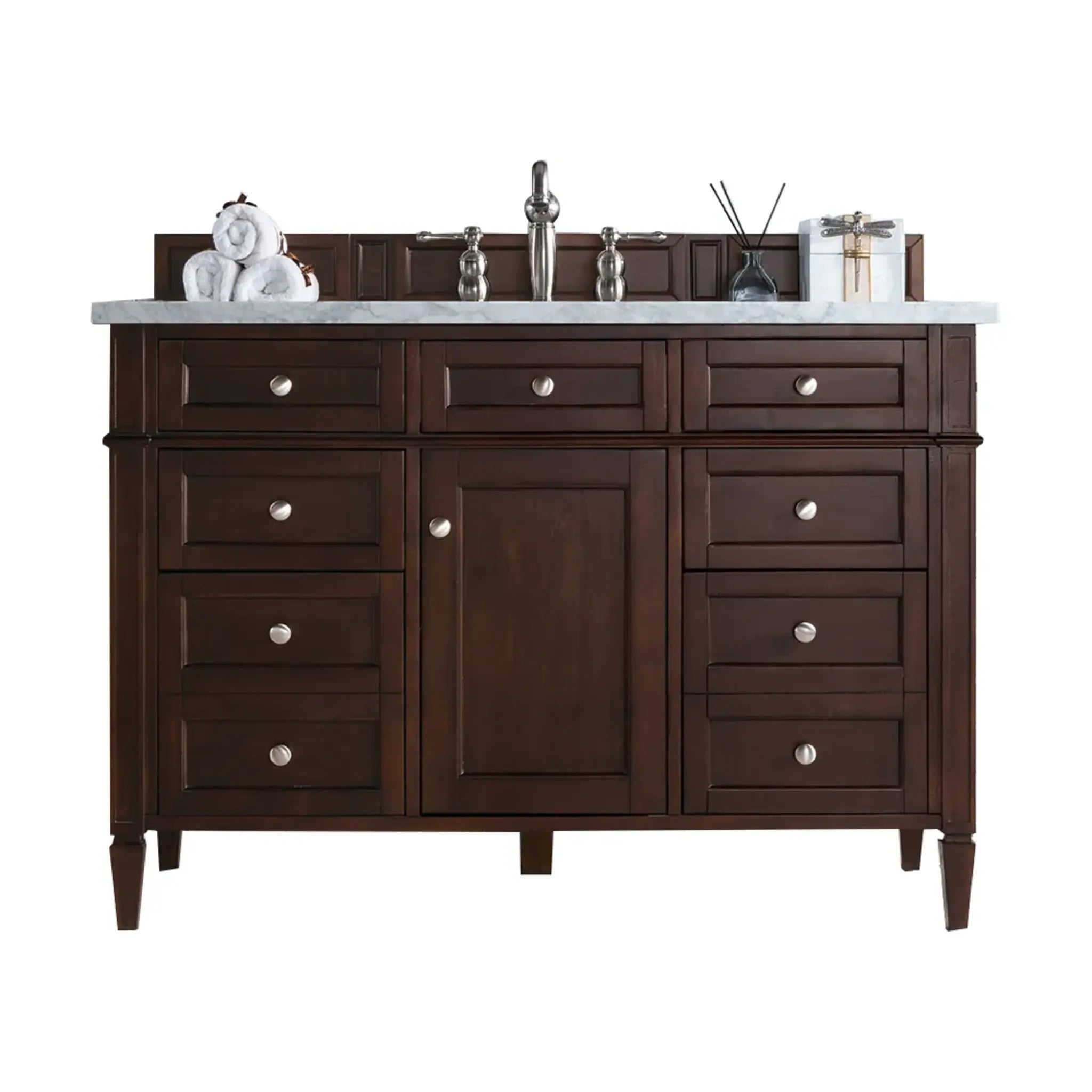 48" Brittany Single Vanity in Burnished Mahogany Wireless Charger-Eternal Jasmine Pearl Silestone-8" Widespread image