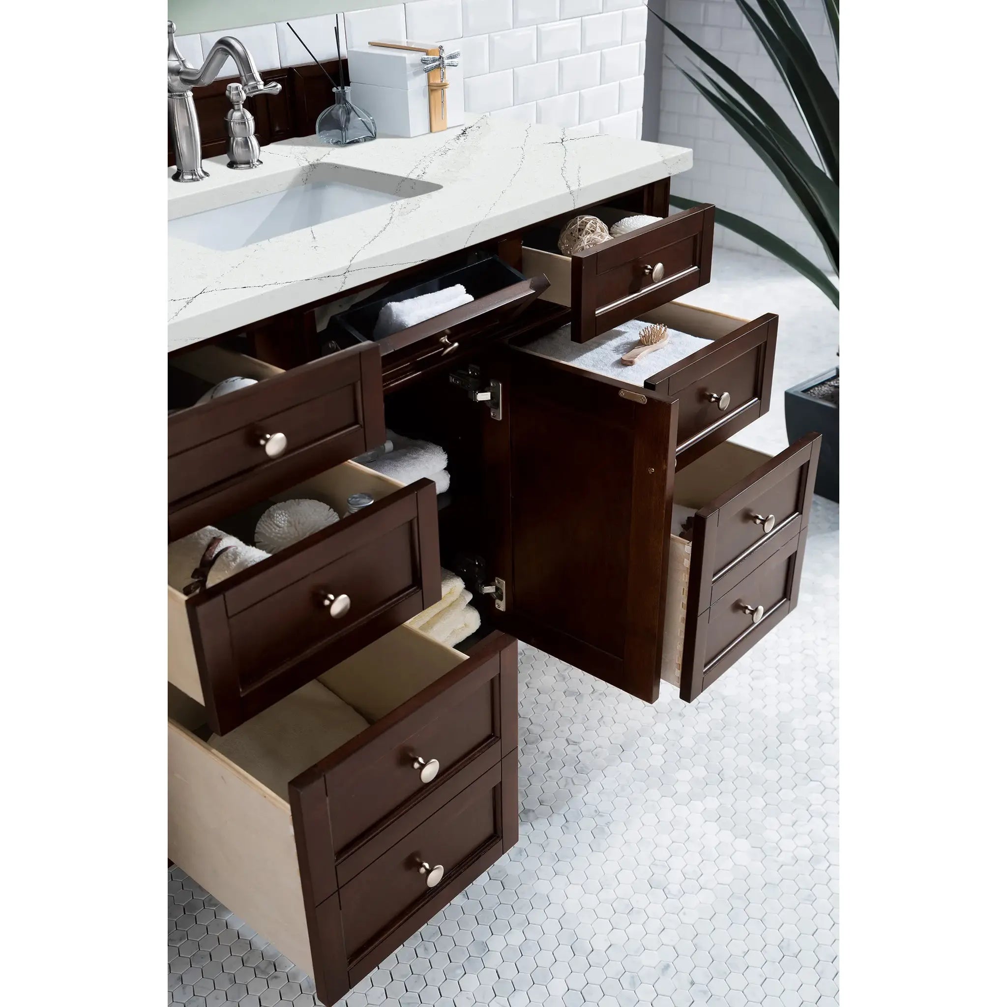48" Brittany Single Vanity in Burnished Mahogany Wireless Charger-Ethereal Noctis Silestone-8" Widespread image 6