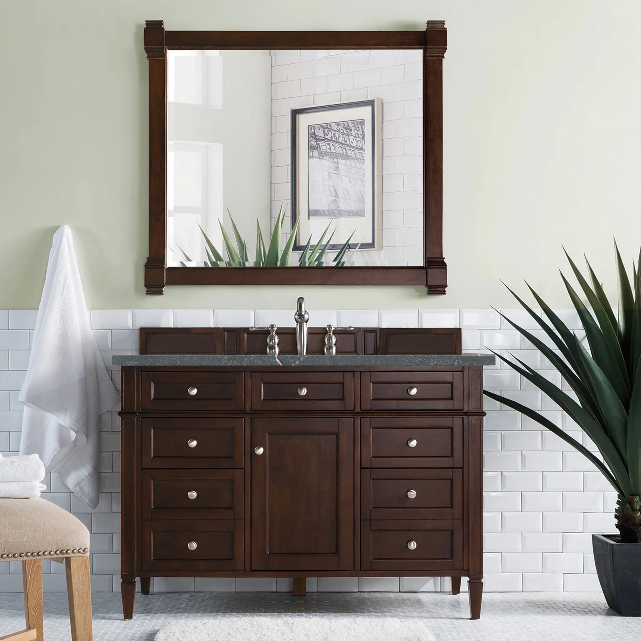 48" Brittany Single Vanity in Burnished Mahogany Wireless Charger-Parisien Bleu Silestone-8" Widespread image 4