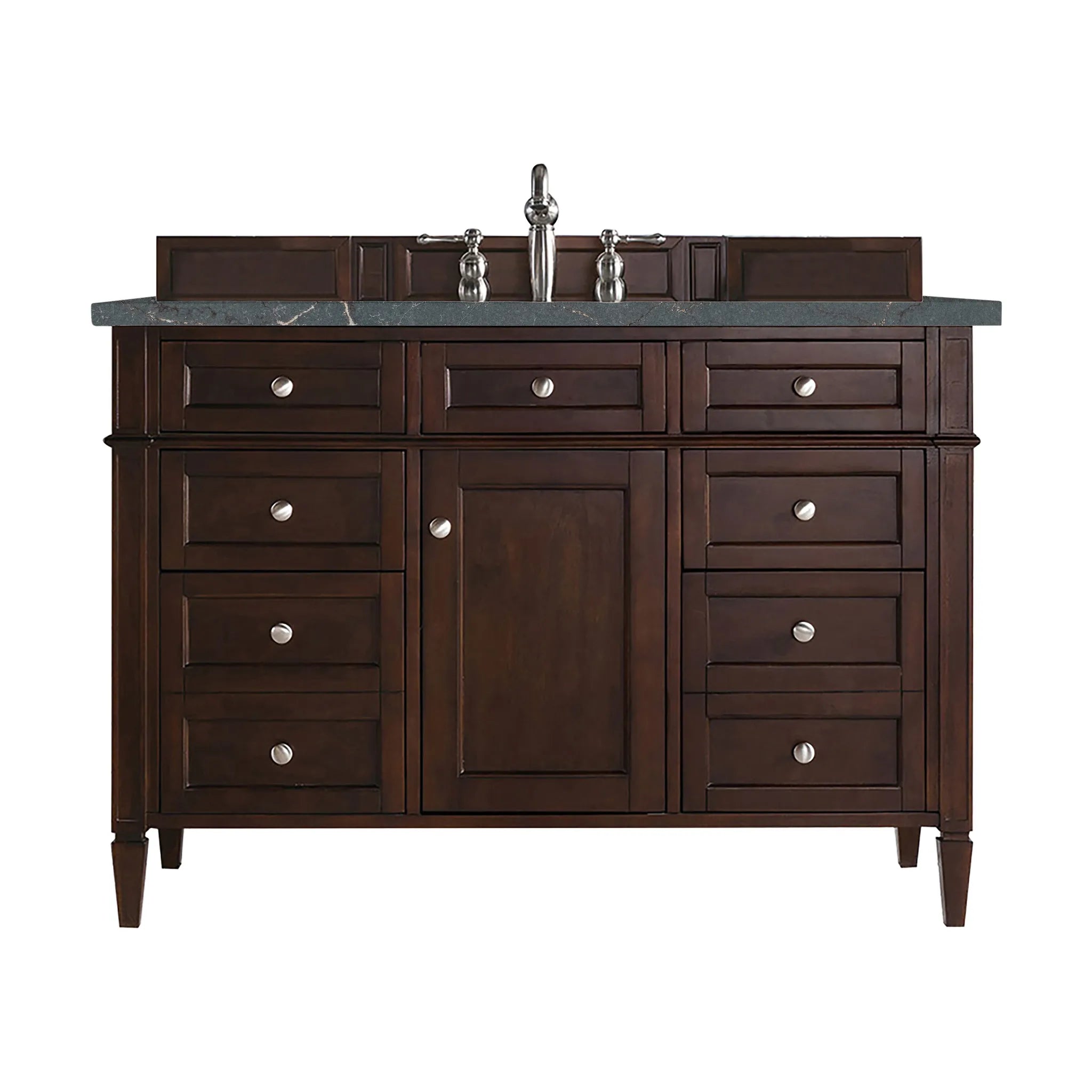 48" Brittany Single Vanity in Burnished Mahogany Wireless Charger-Parisien Bleu Silestone-8" Widespread image