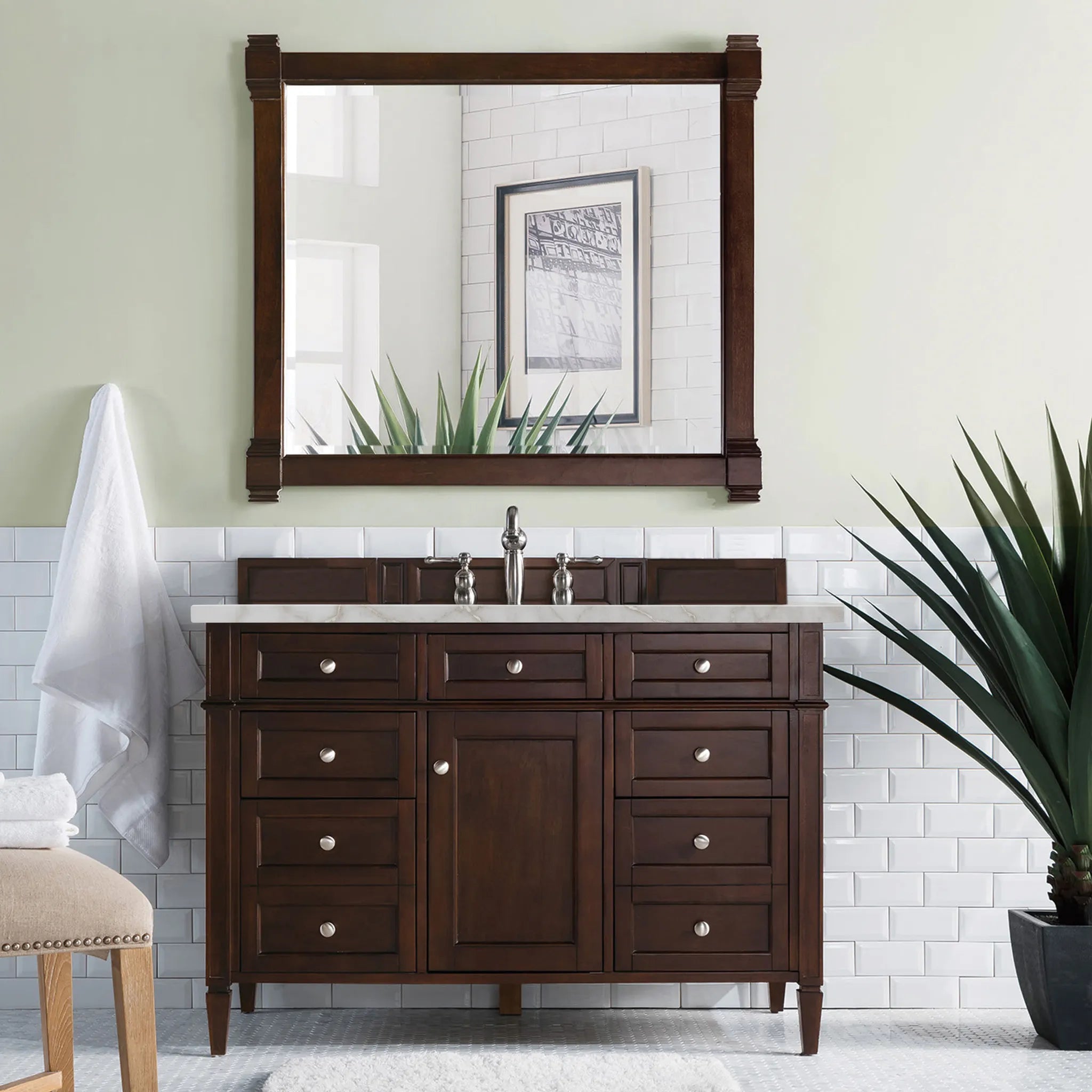 48" Brittany Single Vanity in Burnished Mahogany Wireless Charger-Victorian Silver Silestone-8" Widespread image 4