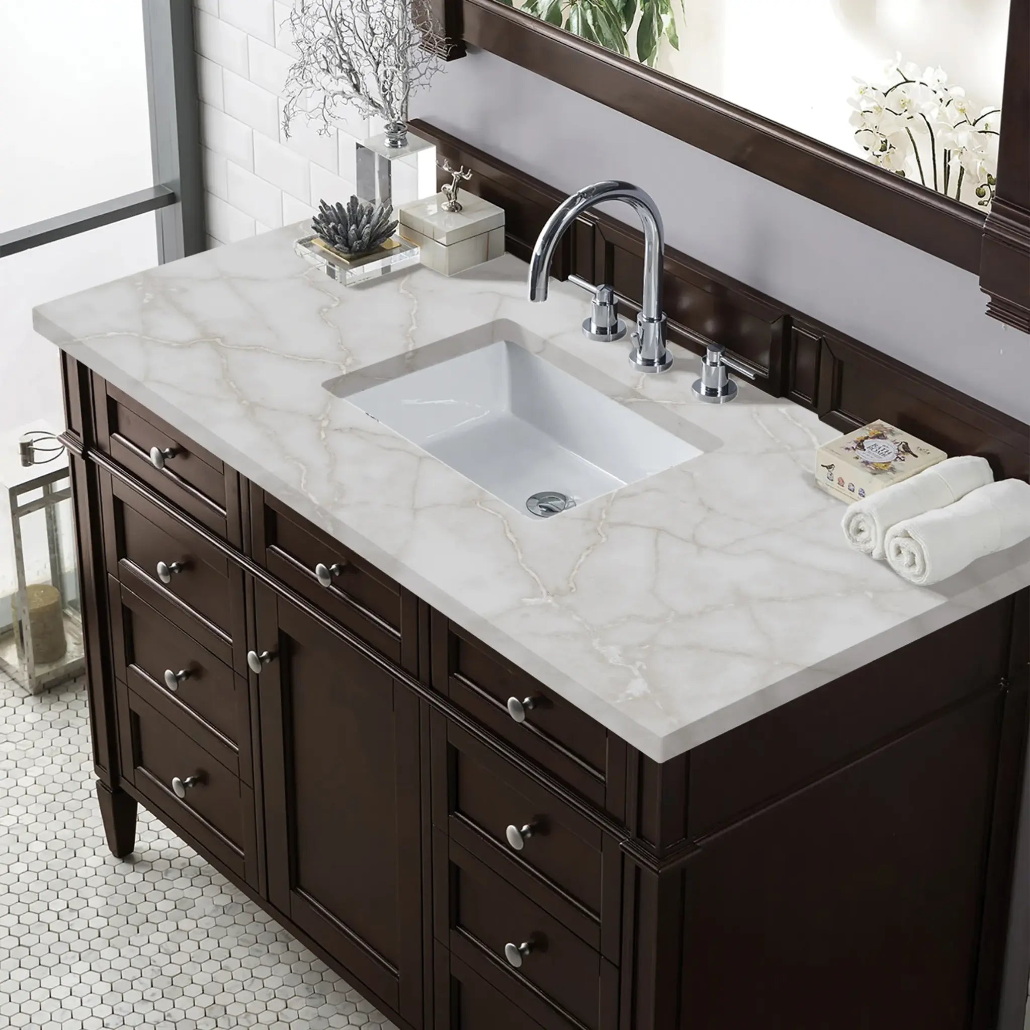 48" Brittany Single Vanity in Burnished Mahogany Wireless Charger-Victorian Silver Silestone-8" Widespread image 6