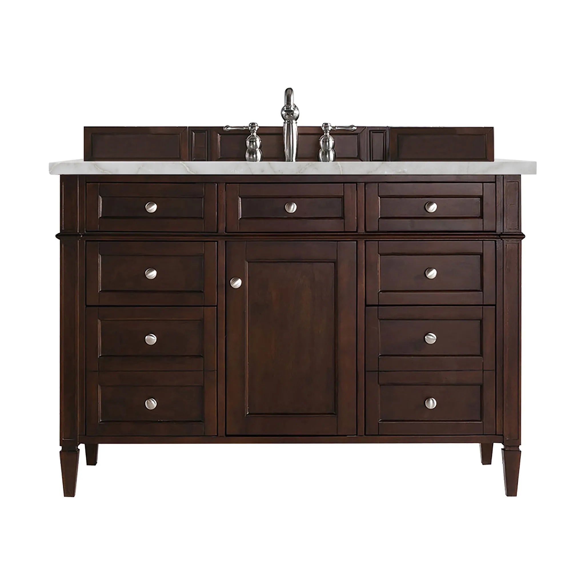 48" Brittany Single Vanity in Burnished Mahogany Wireless Charger-Victorian Silver Silestone-8" Widespread image