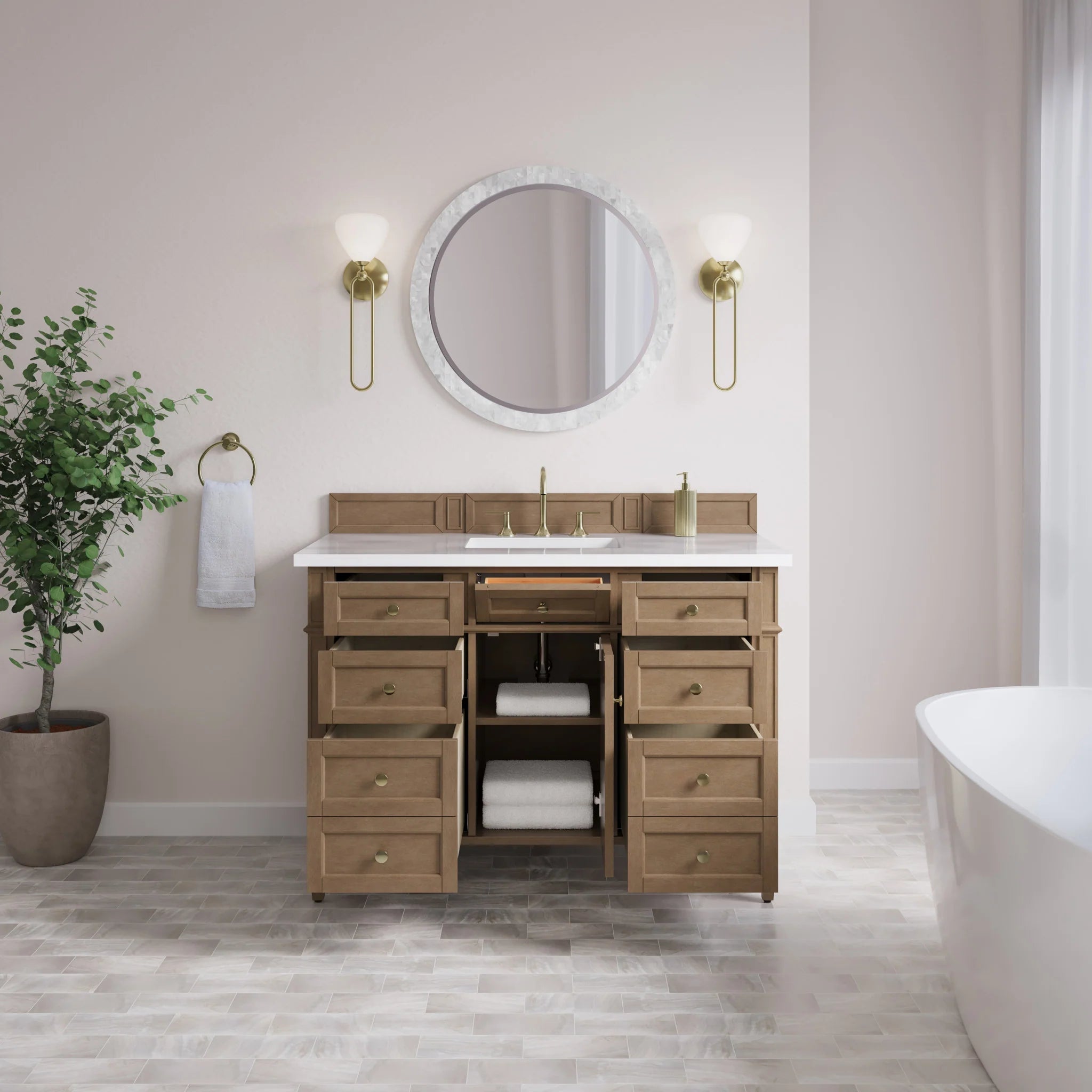 48" Brittany Single Vanity in Pecan by James Martin Vanities-White Zeus Silestone 4