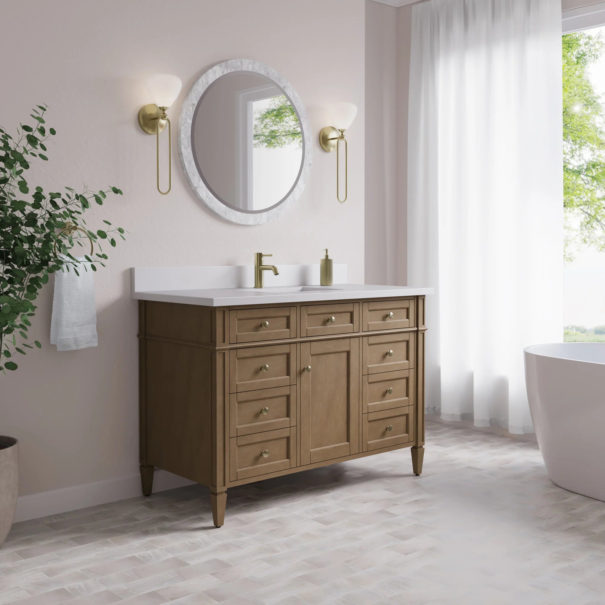 48" Brittany Single Vanity in Pecan by James Martin Vanities-White Zeus Silestone & Backsplash 2