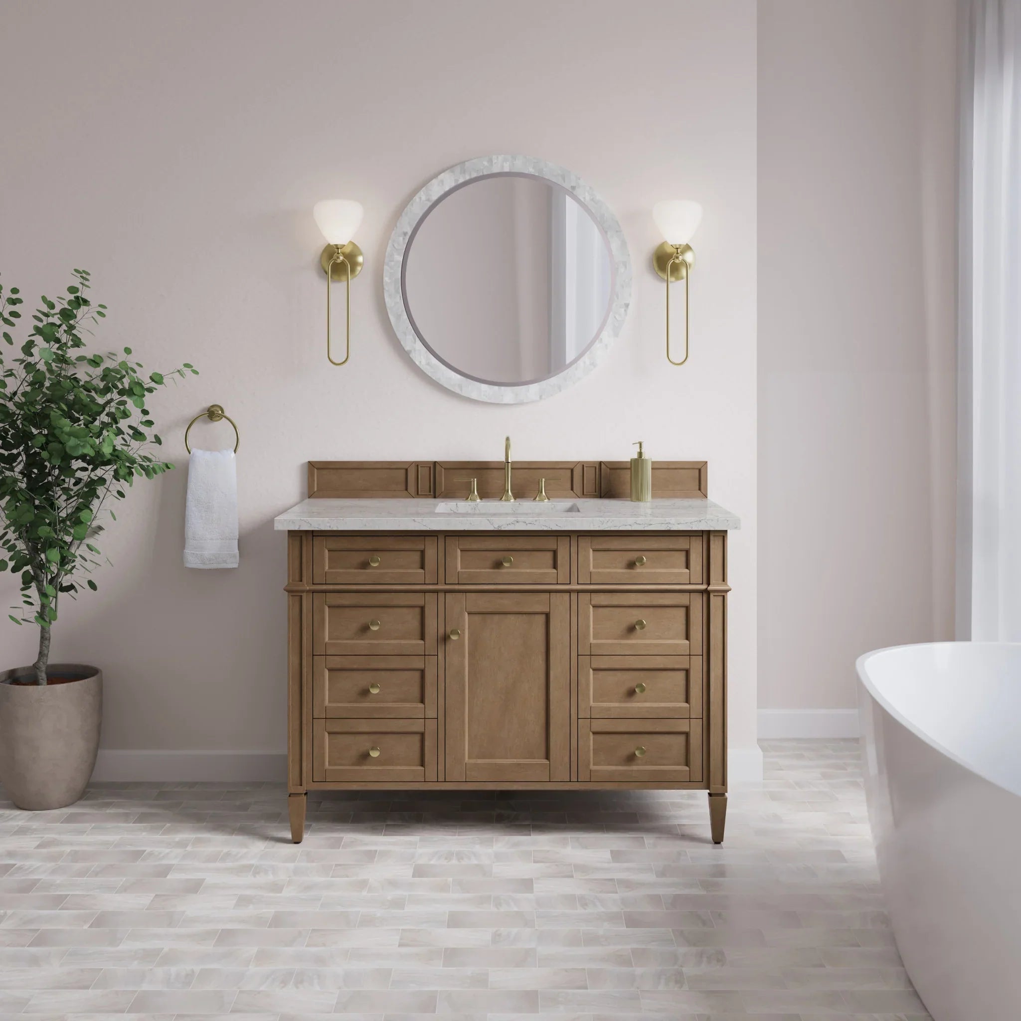 48" Brittany Single Vanity in Pecan w/FreePower Wireless Charger by James Martin Vanities-Eternal Jasmine Pearl Silestone 1