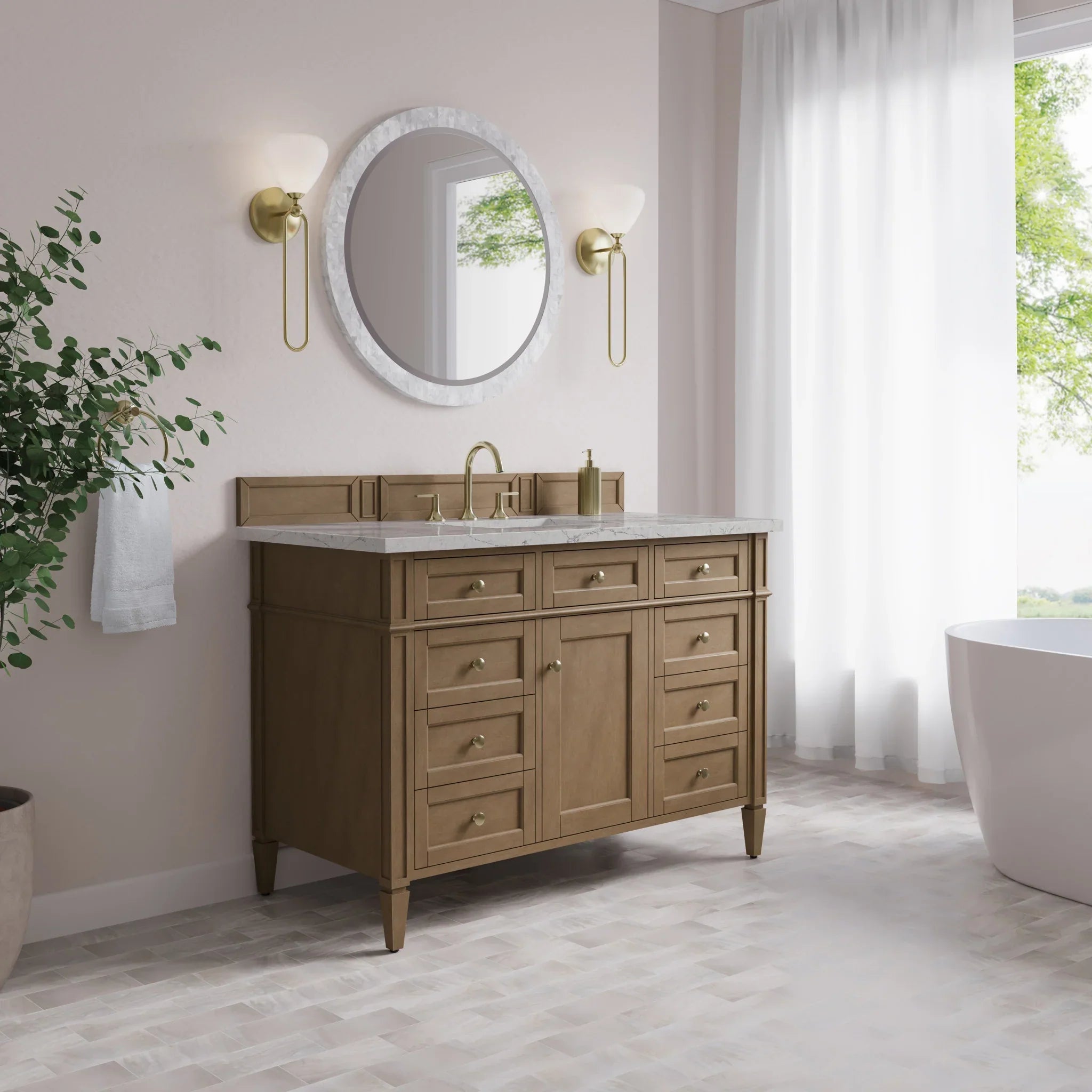 48" Brittany Single Vanity in Pecan w/FreePower Wireless Charger by James Martin Vanities-Eternal Jasmine Pearl Silestone 2