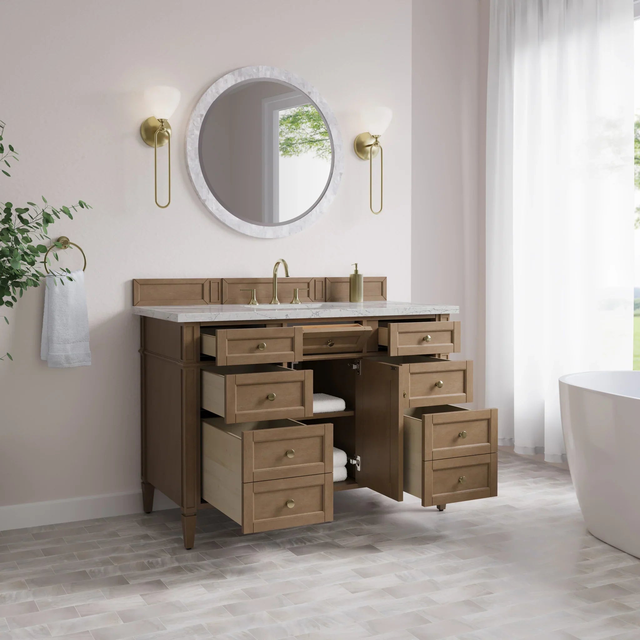 48" Brittany Single Vanity in Pecan w/FreePower Wireless Charger by James Martin Vanities-Eternal Jasmine Pearl Silestone 3