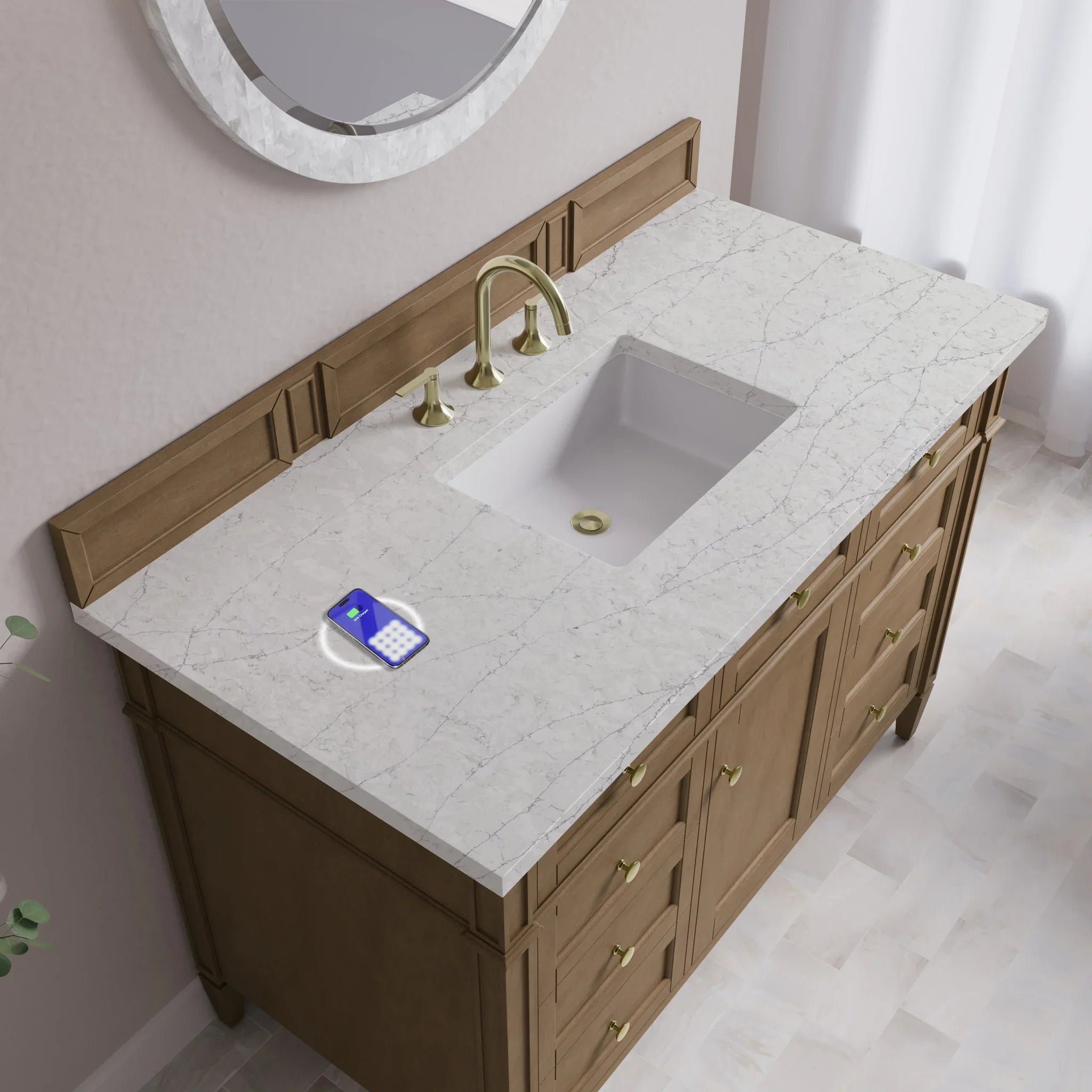 48" Brittany Single Vanity in Pecan w/FreePower Wireless Charger by James Martin Vanities-Eternal Jasmine Pearl Silestone 6