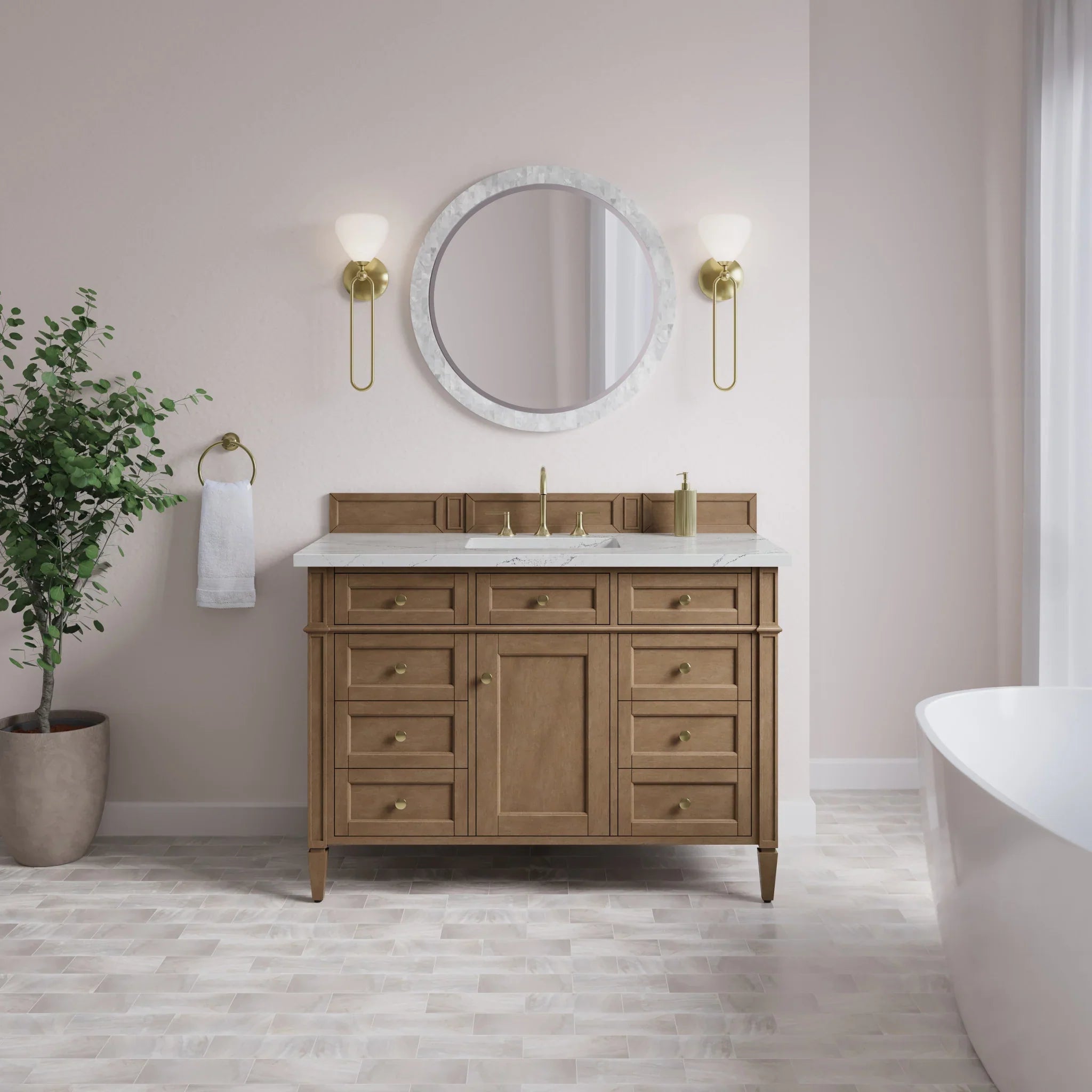 48" Brittany Single Vanity in Pecan w/FreePower Wireless Charger by James Martin Vanities-Ethereal Noctis Silestone 1