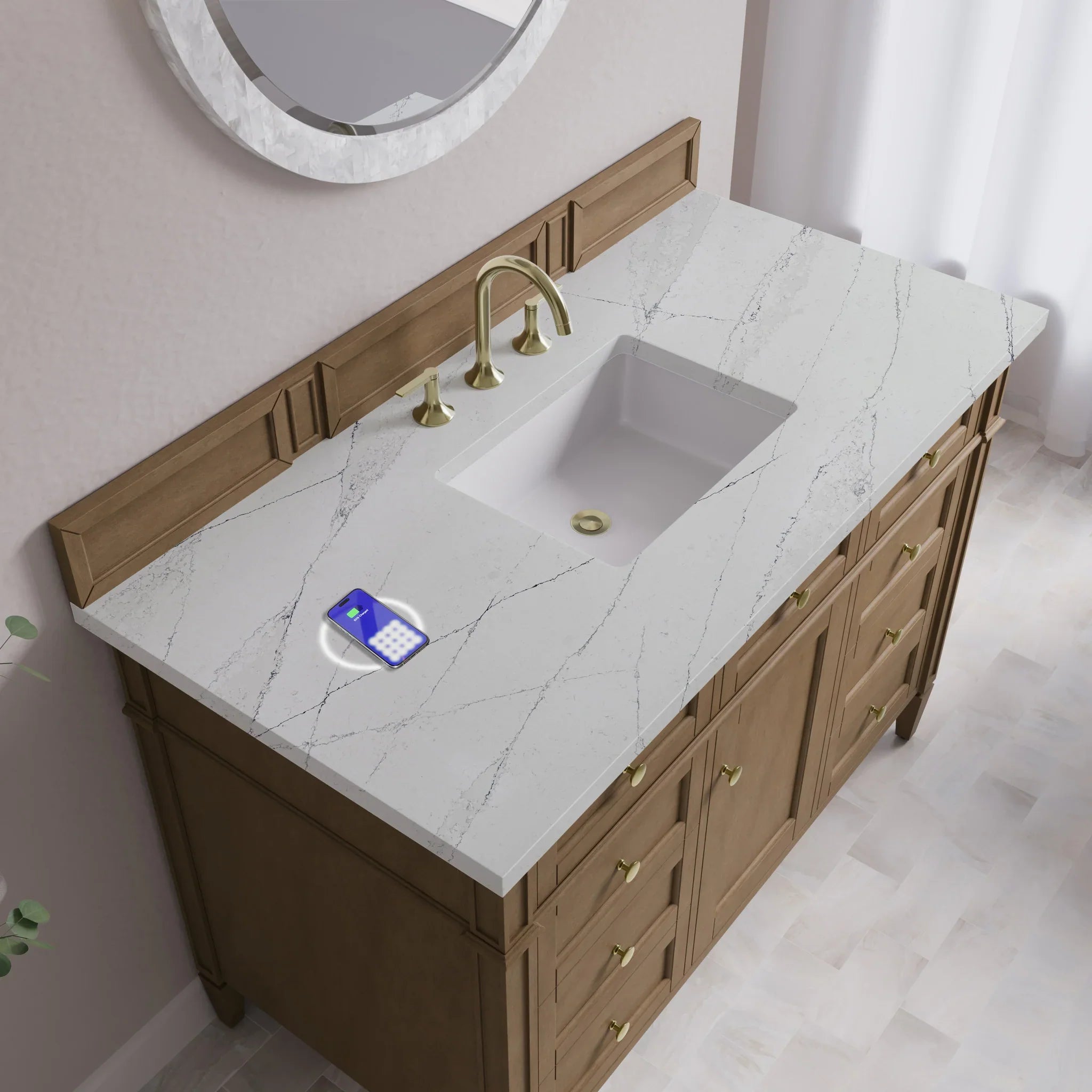 48" Brittany Single Vanity in Pecan w/FreePower Wireless Charger by James Martin Vanities-Ethereal Noctis Silestone 6