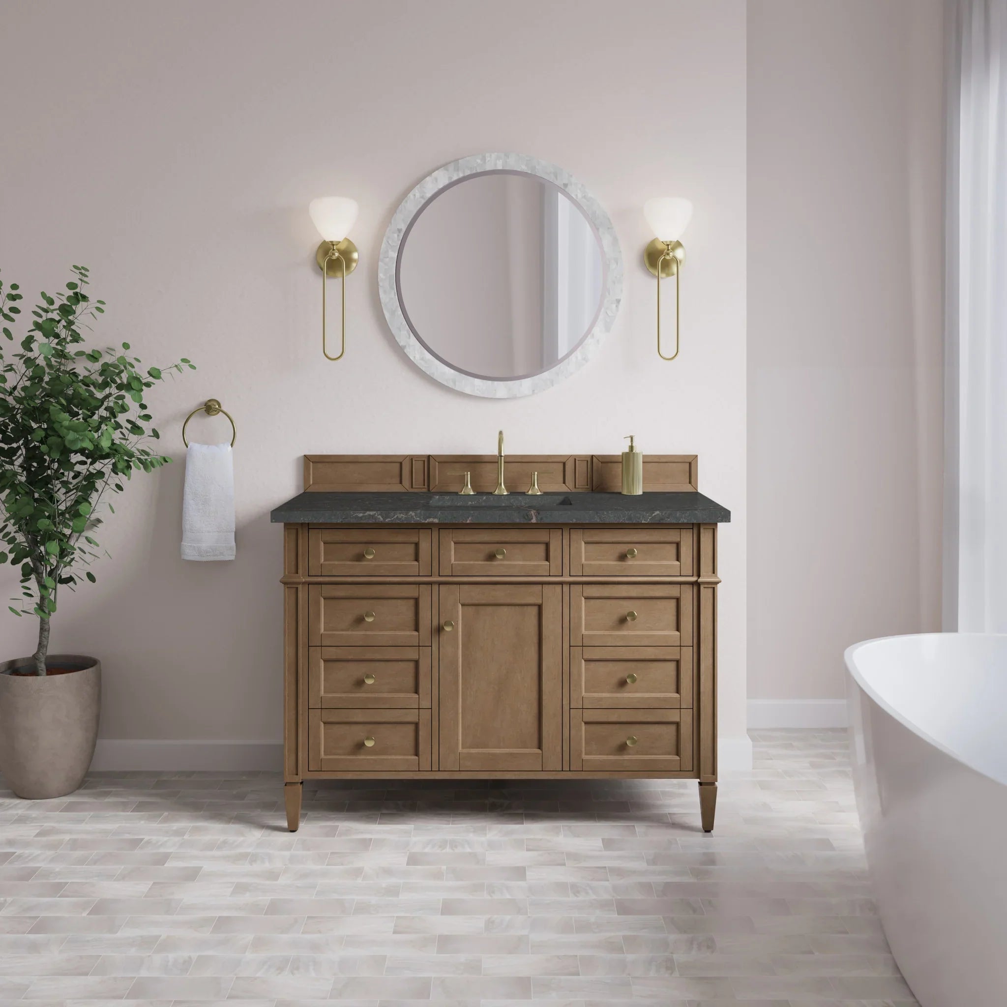48" Brittany Single Vanity in Pecan w/FreePower Wireless Charger by James Martin Vanities-Parisien Bleu Silestone 1