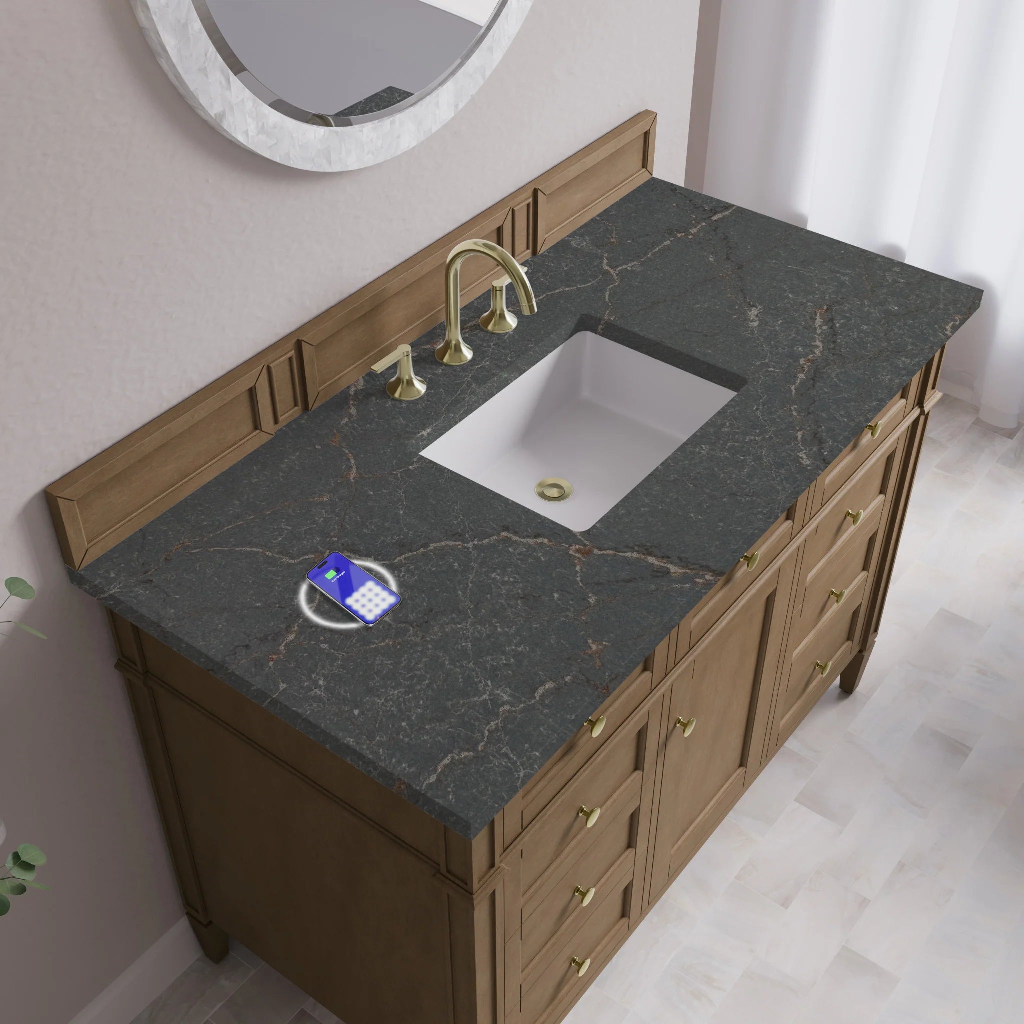 48" Brittany Single Vanity in Pecan w/FreePower Wireless Charger by James Martin Vanities-Parisien Bleu Silestone 6