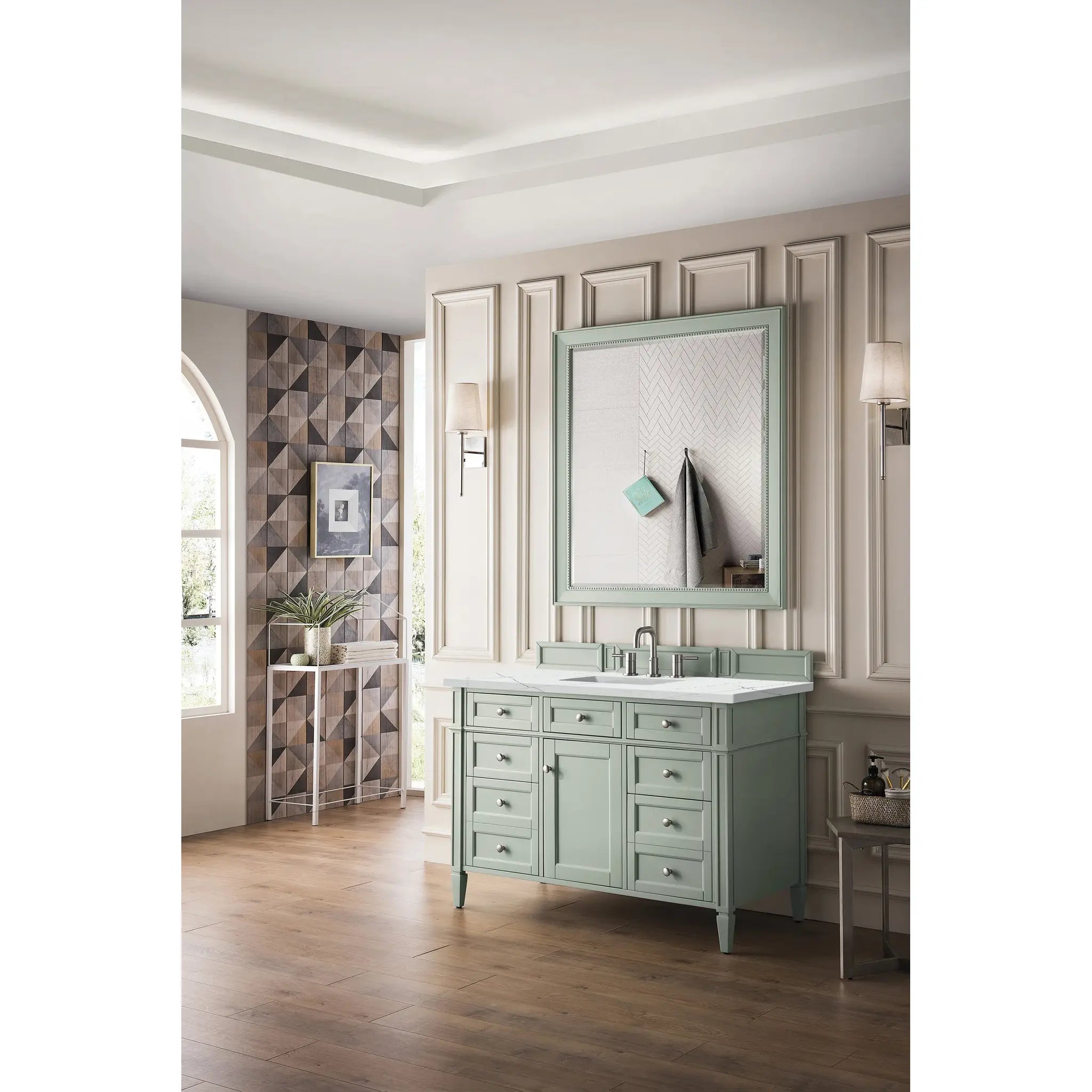 48" Brittany Single Vanity in Sage Green w/FreePower Wireless Charger-Ethereal Noctis Silestone-8" Widespread image 5