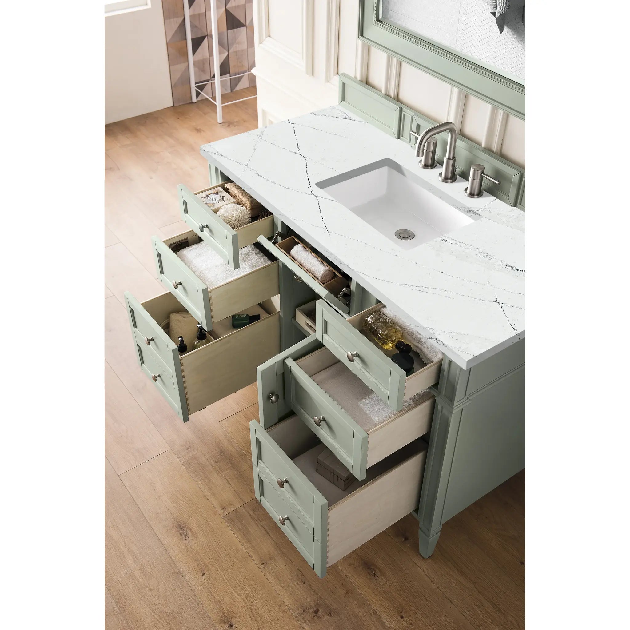 48" Brittany Single Vanity in Sage Green w/FreePower Wireless Charger-Ethereal Noctis Silestone-8" Widespread image 6