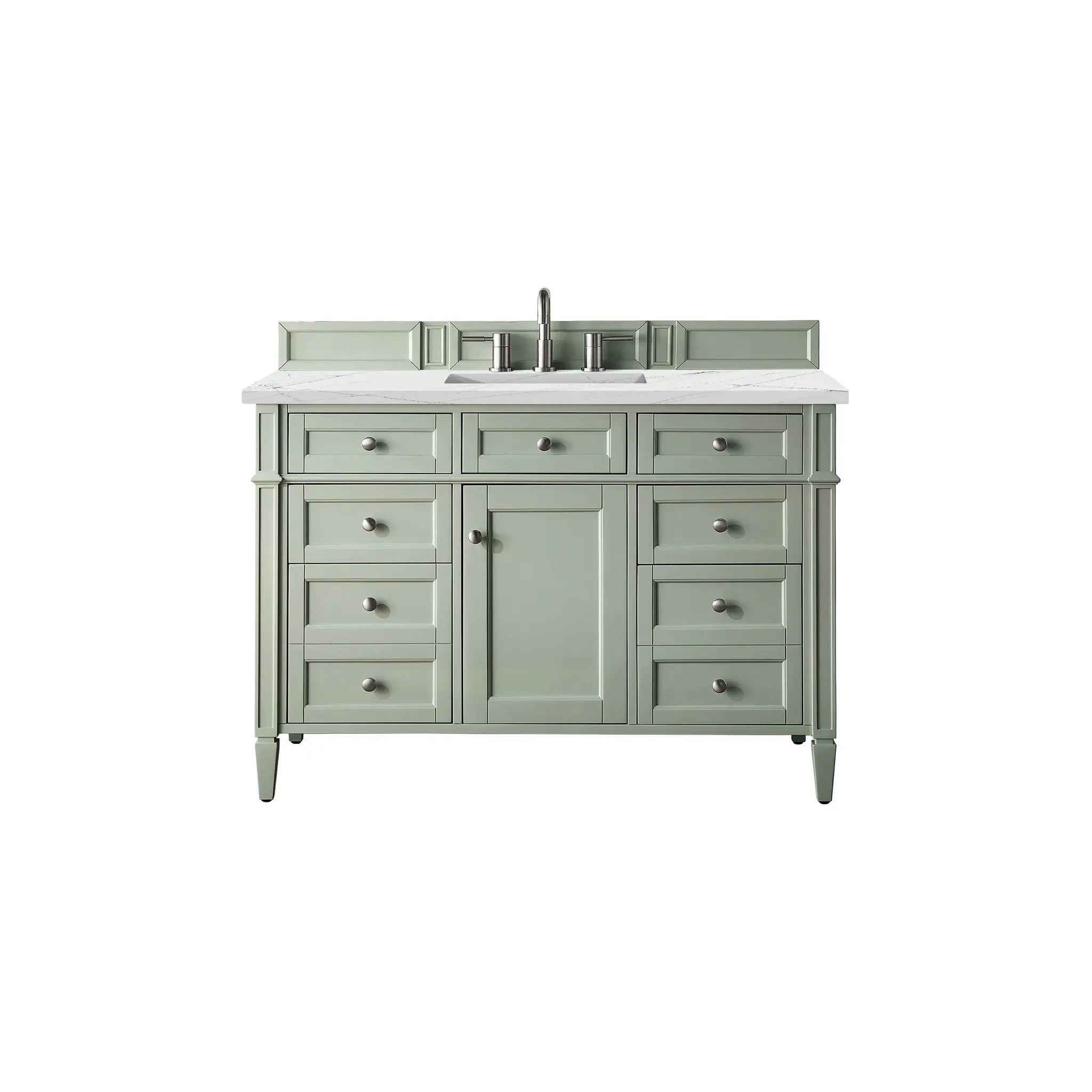 48" Brittany Single Vanity in Sage Green w/FreePower Wireless Charger-Ethereal Noctis Silestone-8" Widespread image