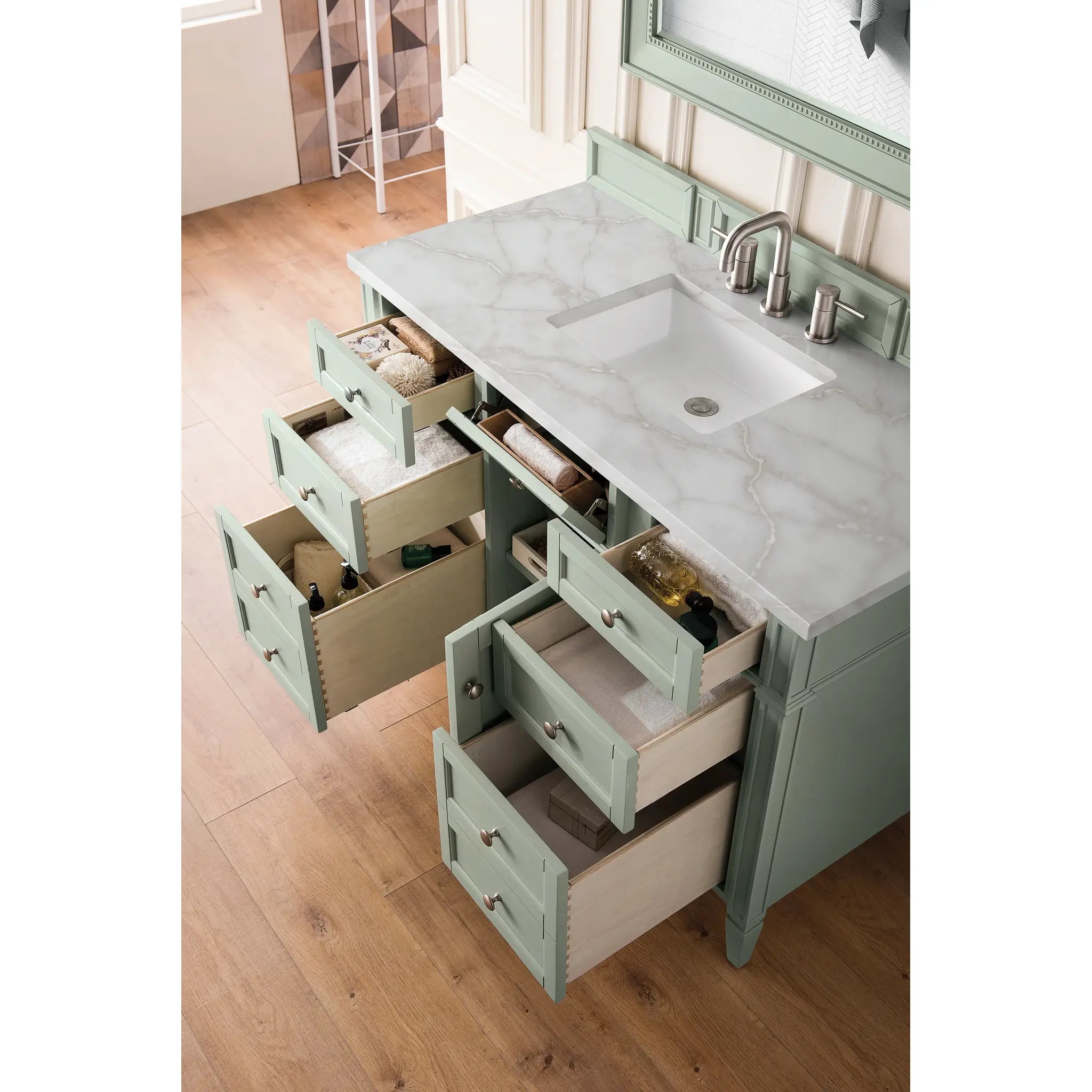 48" Brittany Single Vanity in Sage Green w/FreePower Wireless Charger-Victorian Silver Silestone-8" Widespread image 6