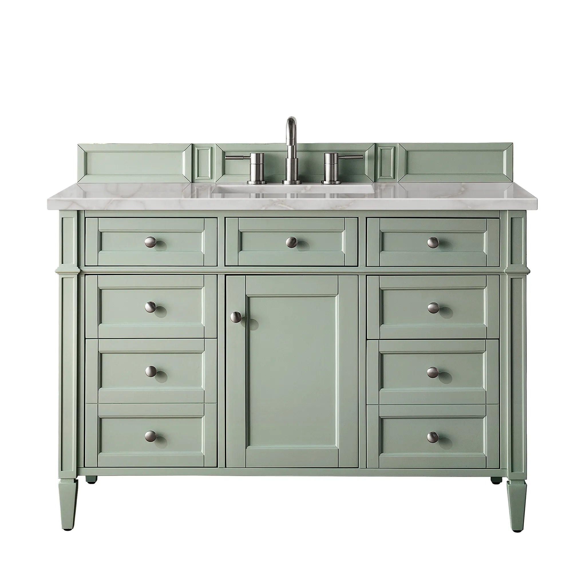 48" Brittany Single Vanity in Sage Green w/FreePower Wireless Charger-Victorian Silver Silestone-8" Widespread image