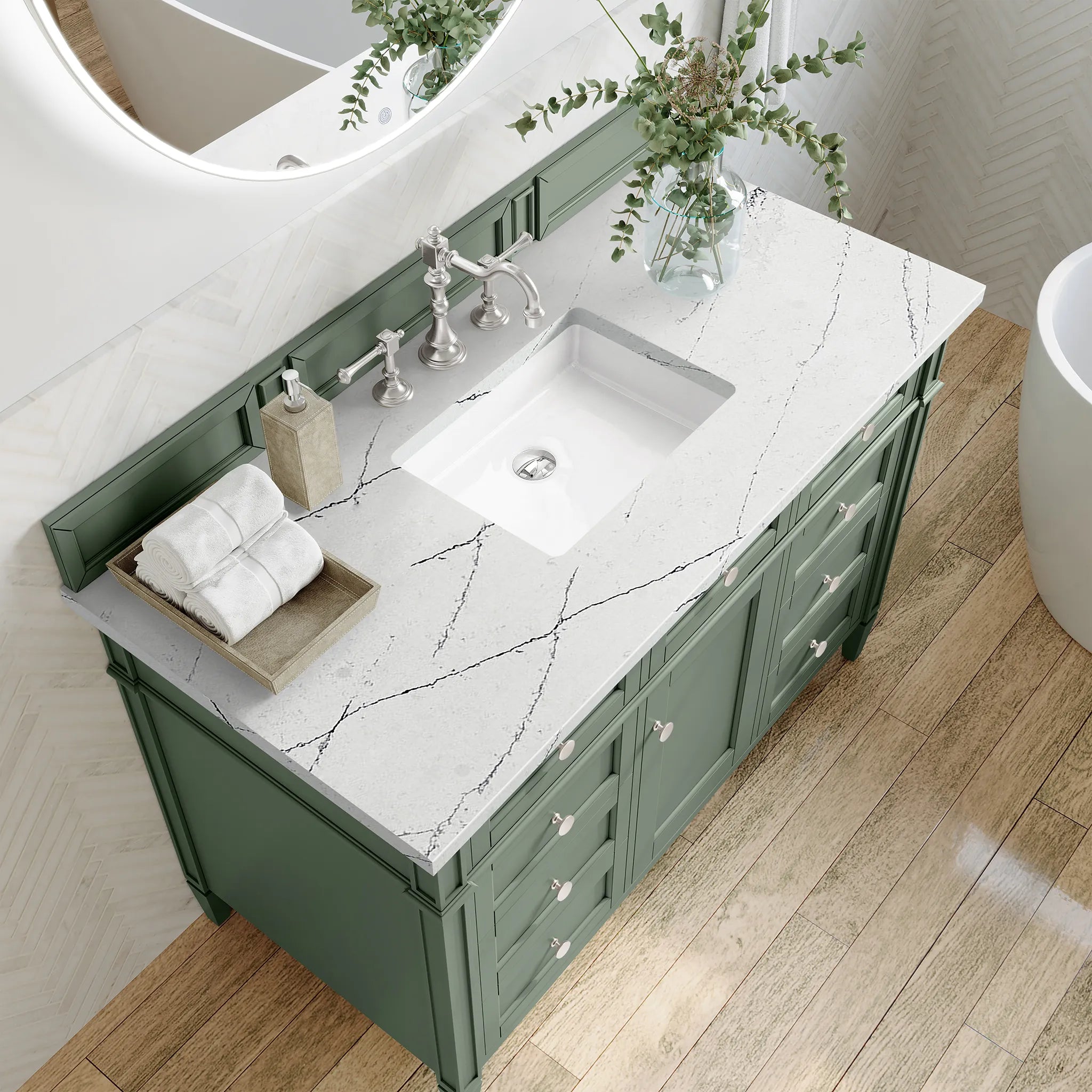 48" Brittany Single Vanity in Smokey Celadon w/FreePower Wireless Charger-Ethereal Noctis Silestone-8" Widespread image 7