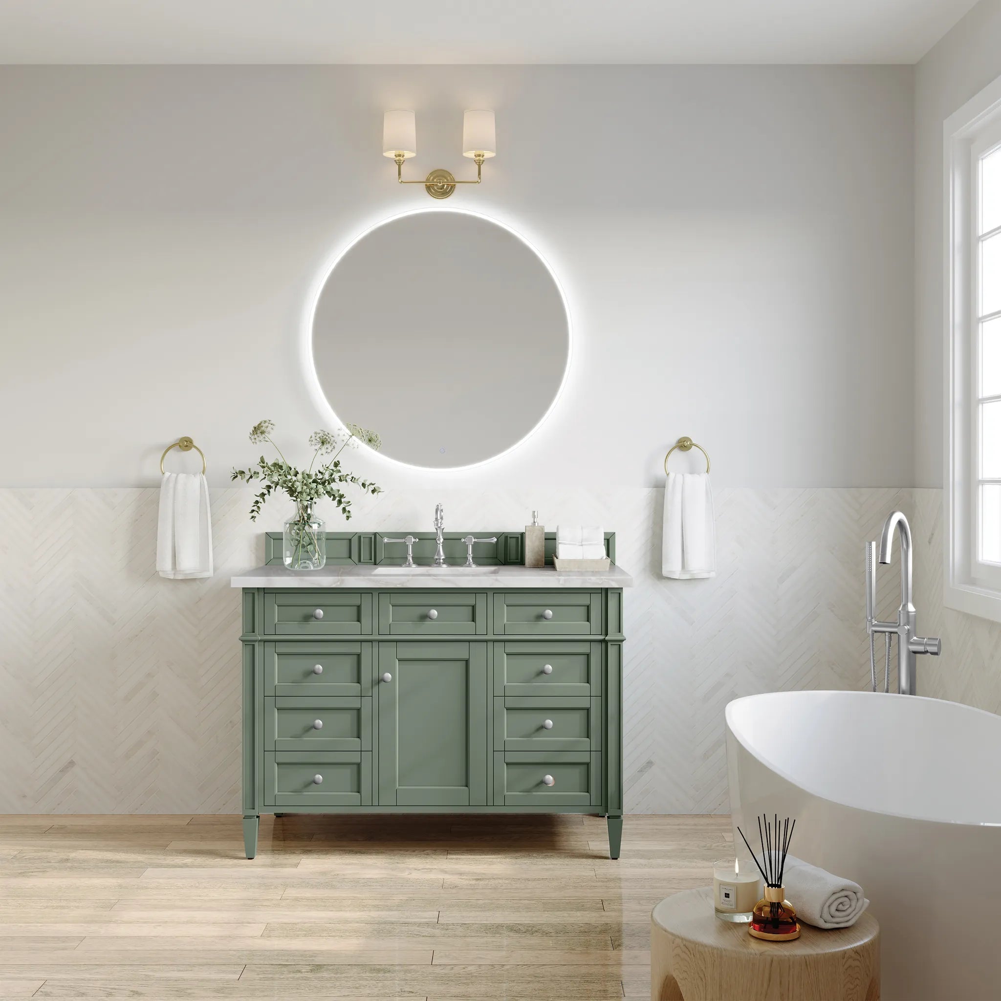 48" Brittany Single Vanity in Smokey Celadon w/FreePower Wireless Charger-Victorian Silver Silestone-8" Widespread image 4