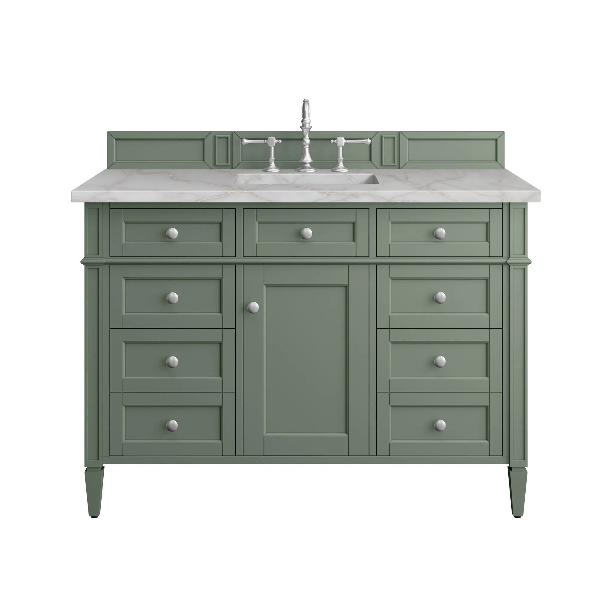 48" Brittany Single Vanity in Smokey Celadon w/FreePower Wireless Charger-Victorian Silver Silestone-8" Widespread image