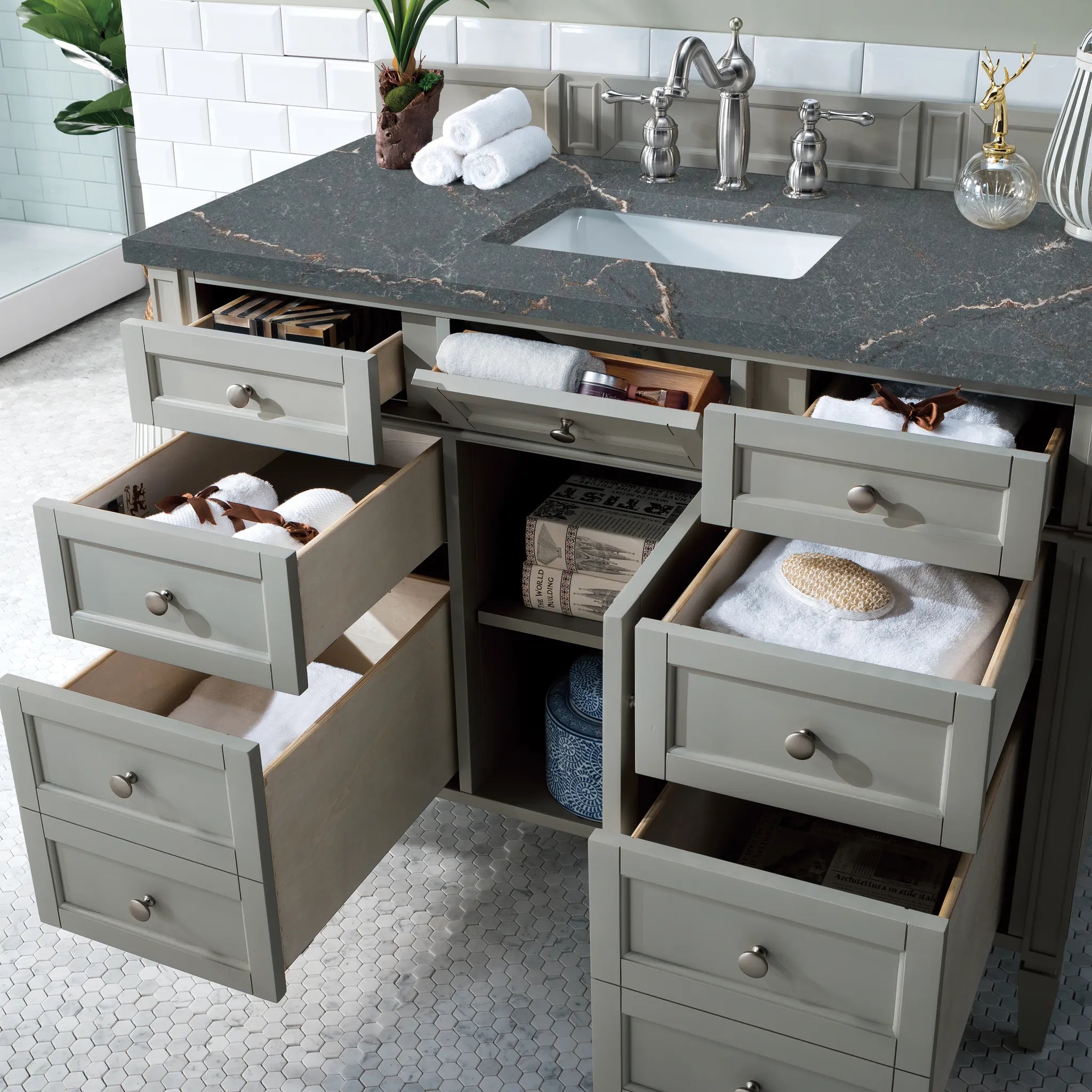 48" Brittany Single Vanity in Urban Gray-Parisien Bleu Silestone-8" Widespread image 3