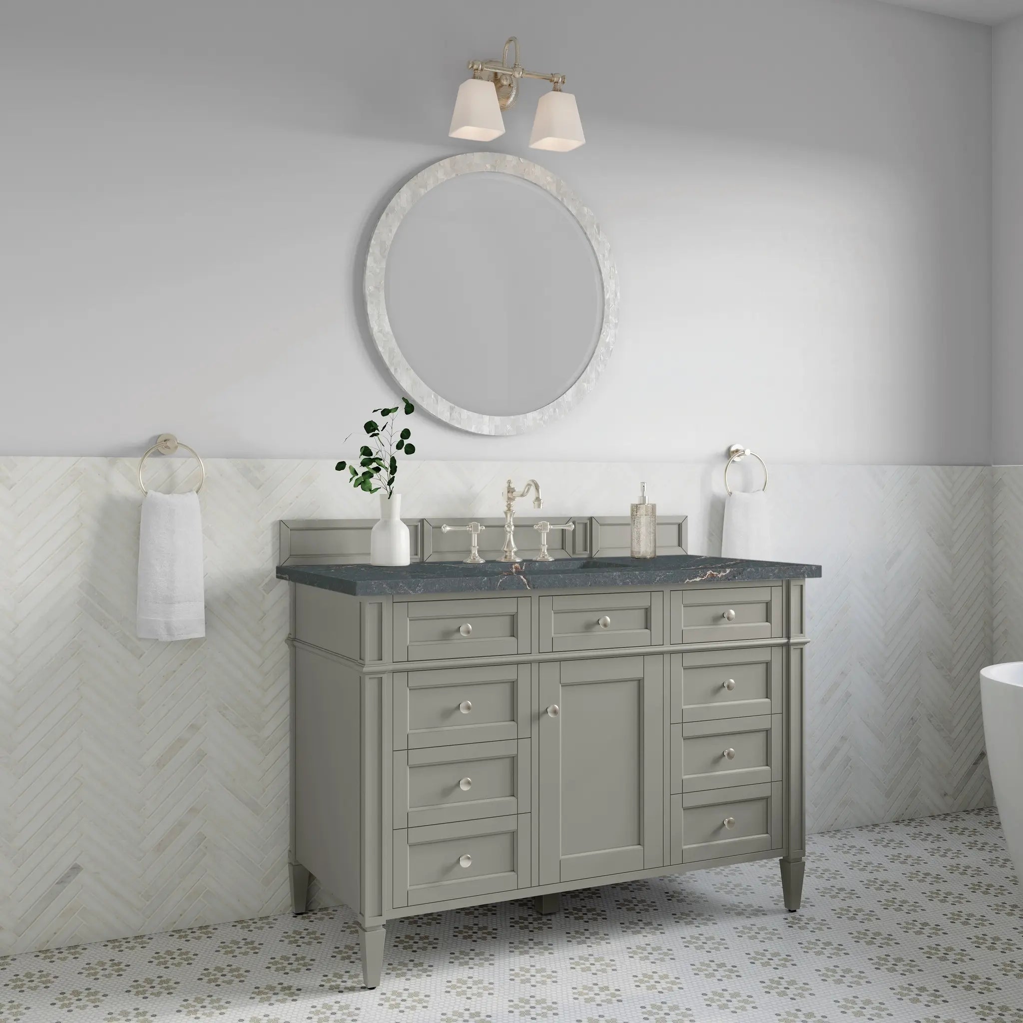 48 Brittany Single Vanity In Urban Gray Power Enabled Parisien Bleu Silestone 8 Widespread 7