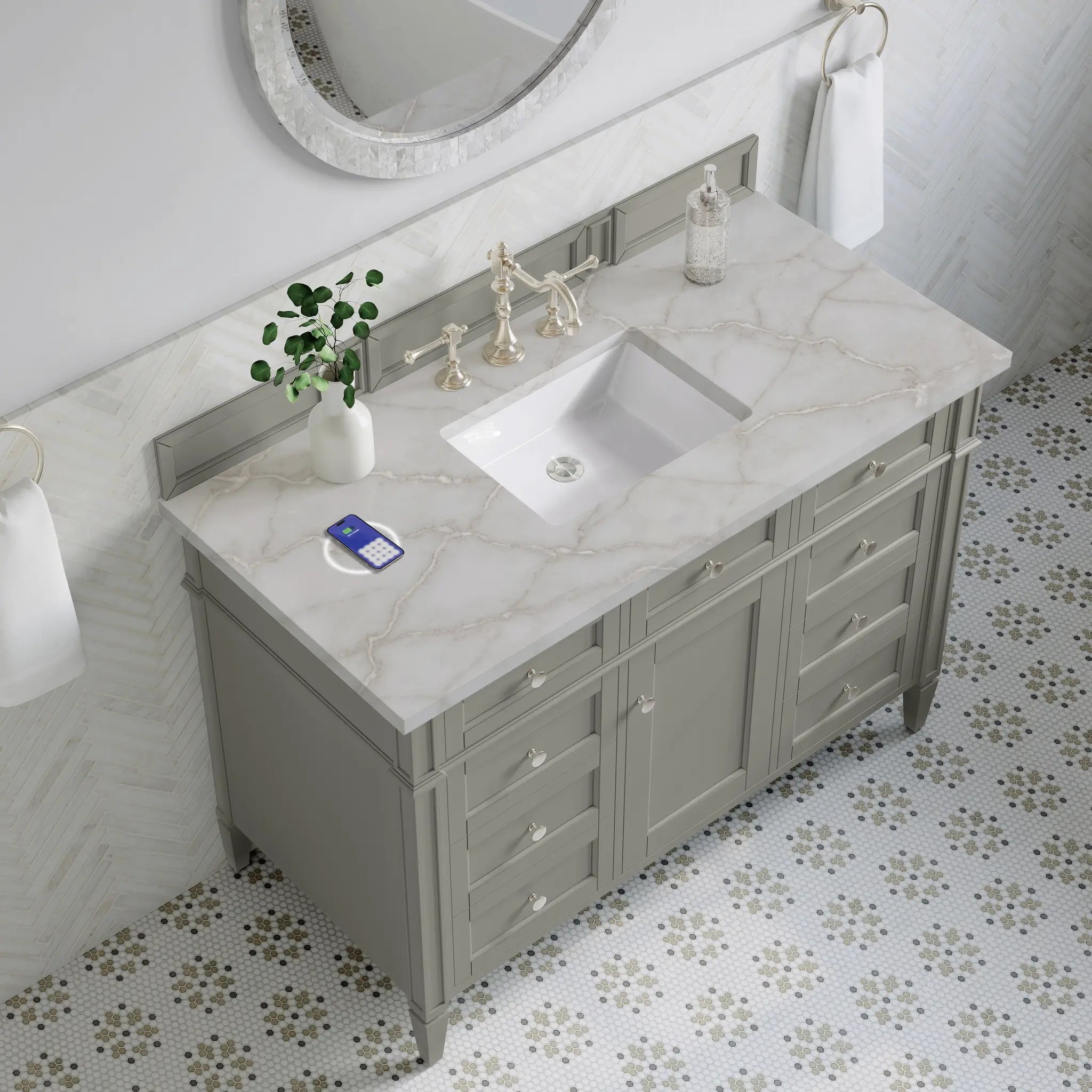 48 Brittany Single Vanity In Urban Gray Power Enabled Victorian Silver Silestone 8 Widespread 10