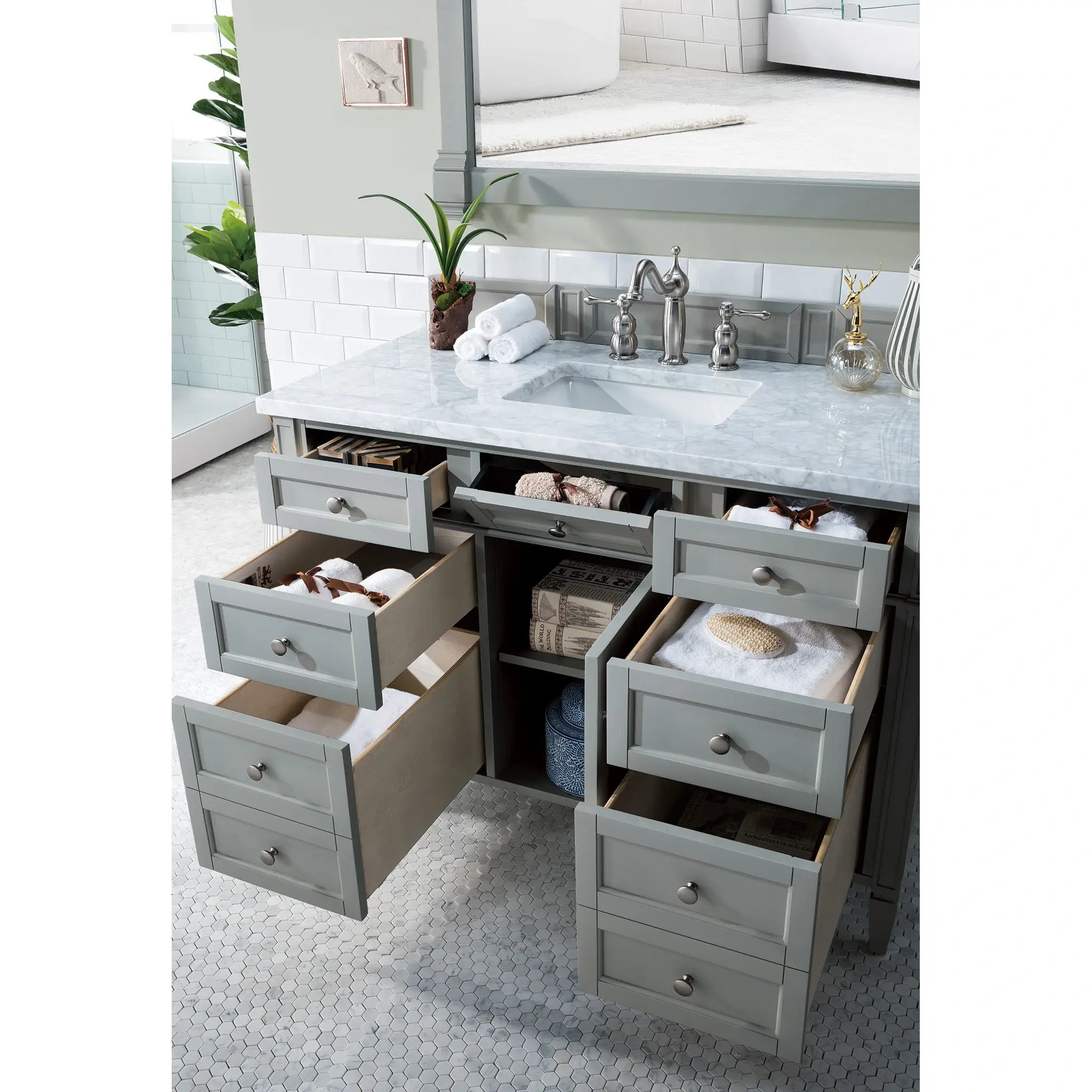 48 Brittany Single Vanity In Urban Gray Standard Carrara White Marble 8 Widespread 5
