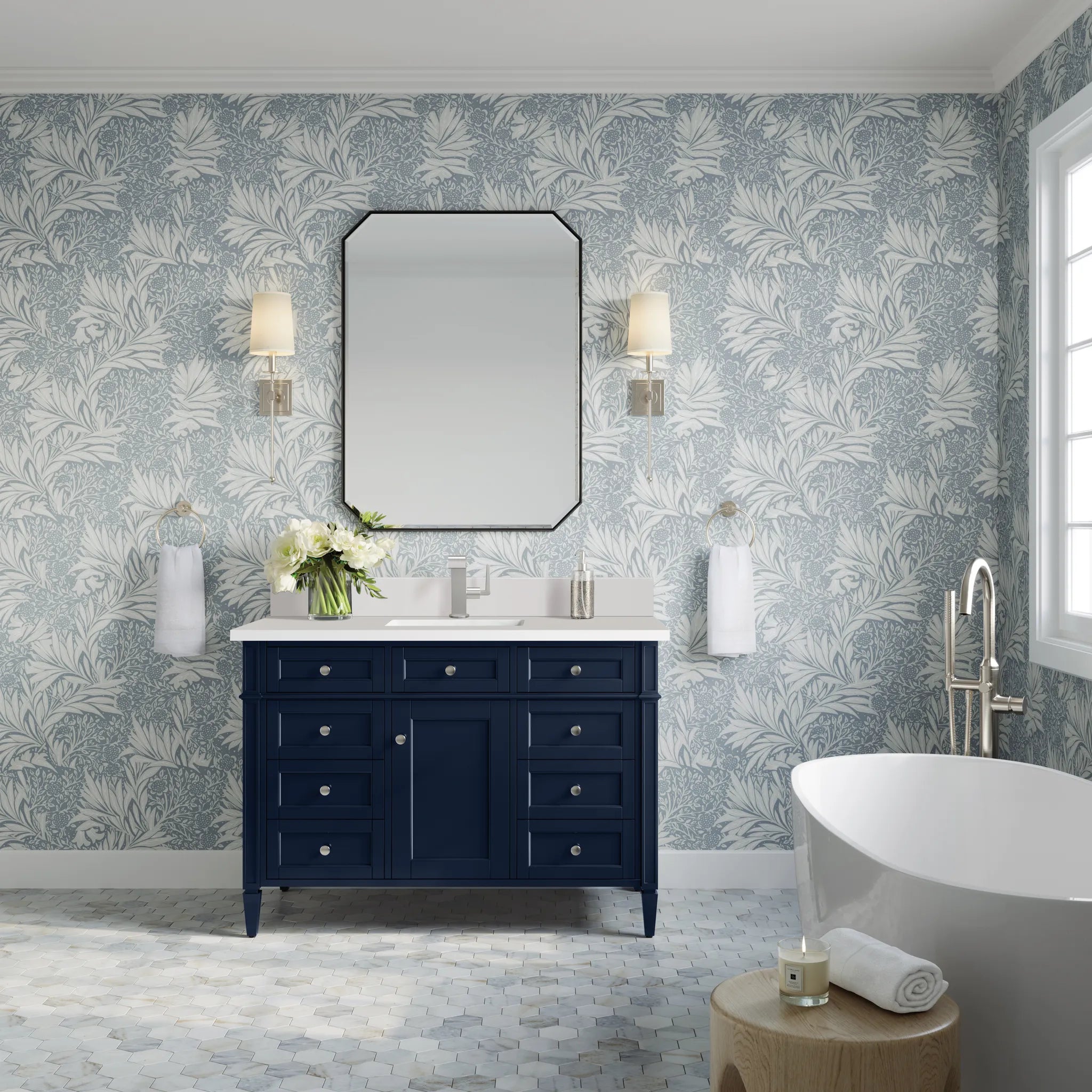 48" Brittany Single Vanity in Victory Bleu-White Zeus Silestone & Backsplash-Single Hole image 1