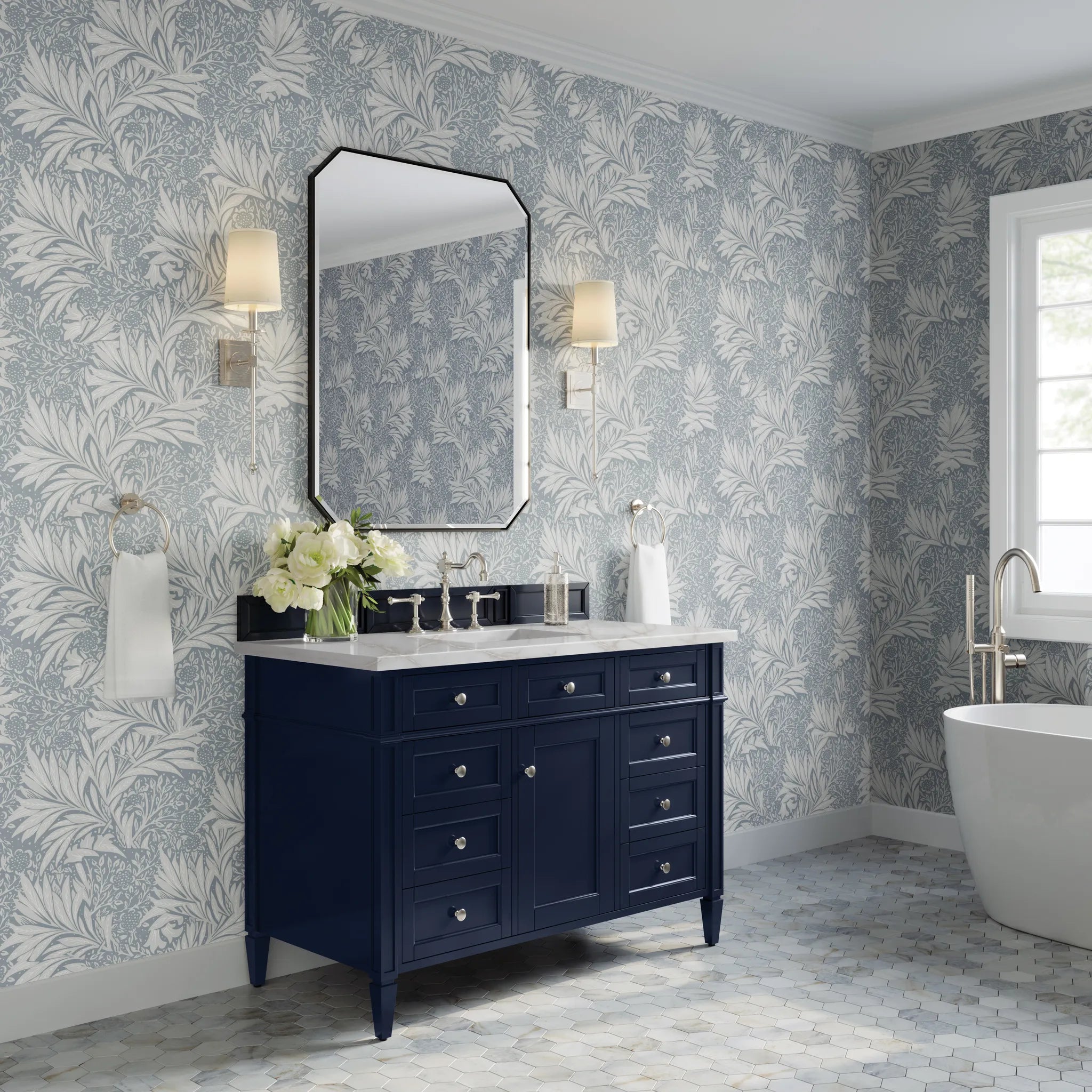 48" Brittany Single Vanity in Victory Blue w/FreePower Wireless Charger-Victorian Silver Silestone-8" Widespread image 5