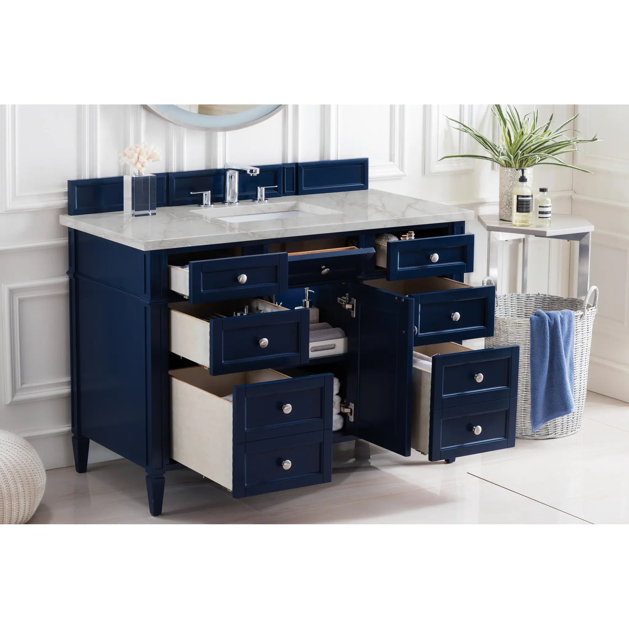 48" Brittany Single Vanity in Victory Blue w/FreePower Wireless Charger-Victorian Silver Silestone-8" Widespread image 6