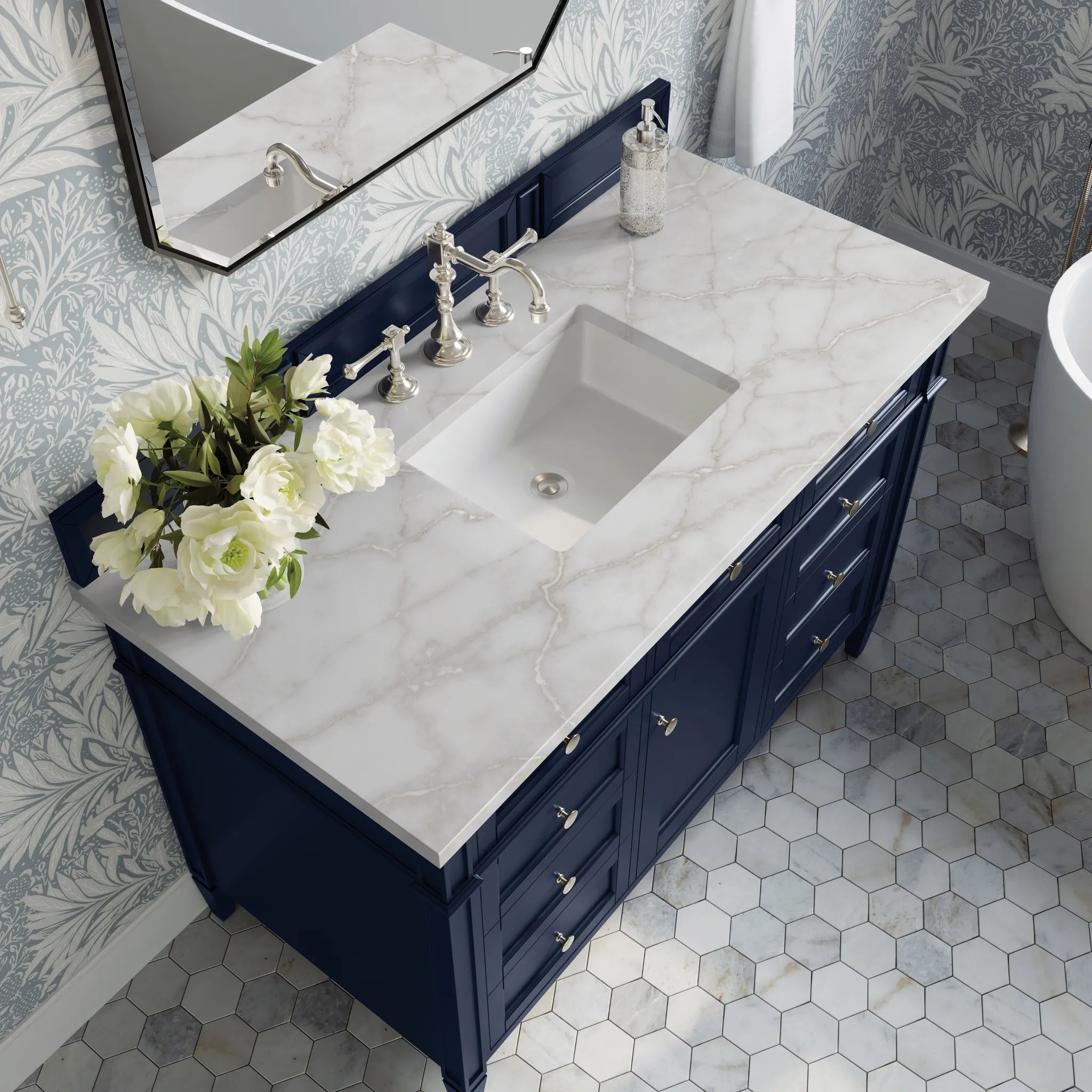 48" Brittany Single Vanity in Victory Blue w/FreePower Wireless Charger-Victorian Silver Silestone-8" Widespread image 7