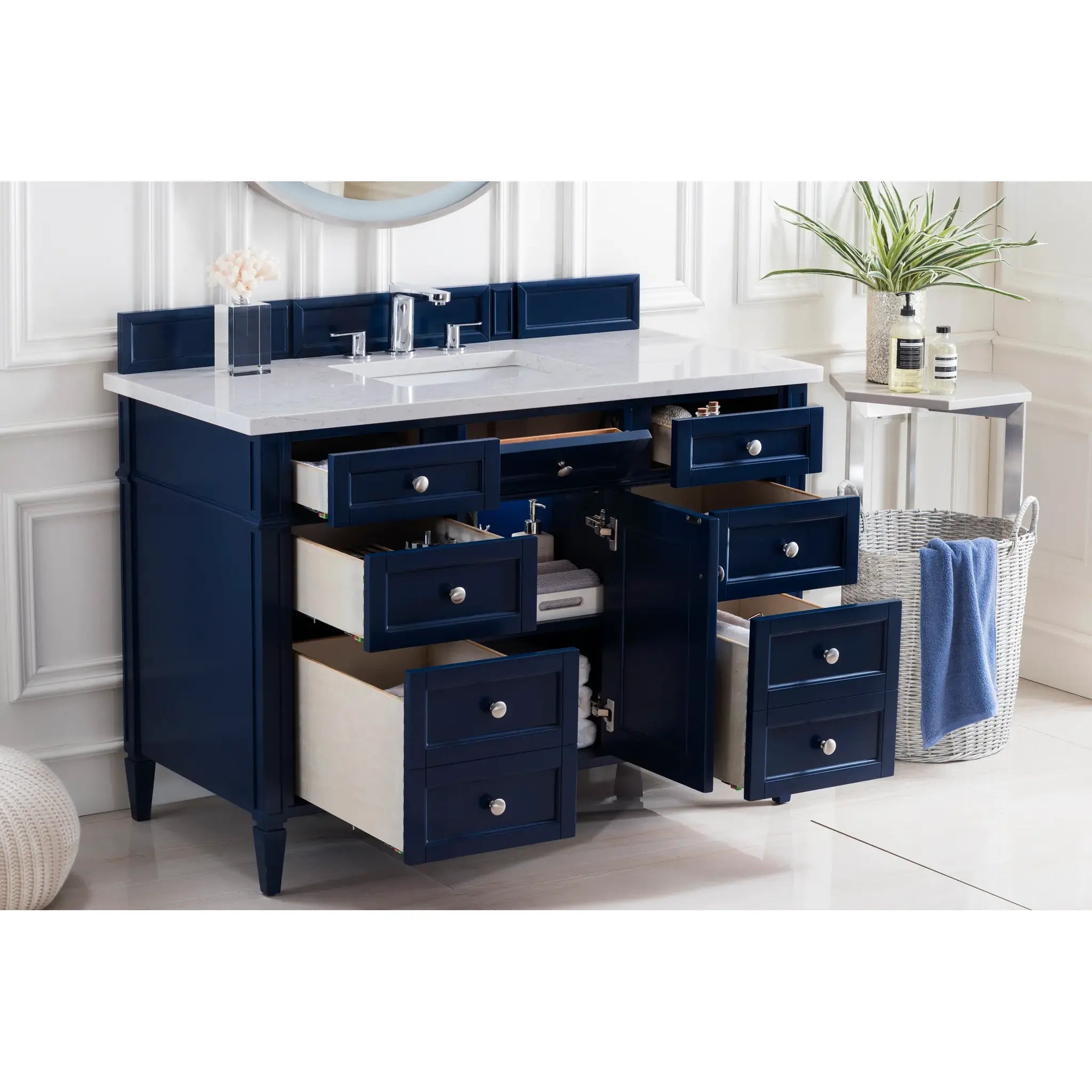 48" Brittany Single Vanity in Victory Blue Wireless Charger-Eternal Jasmine Pearl Silestone-8" Widespread image 6