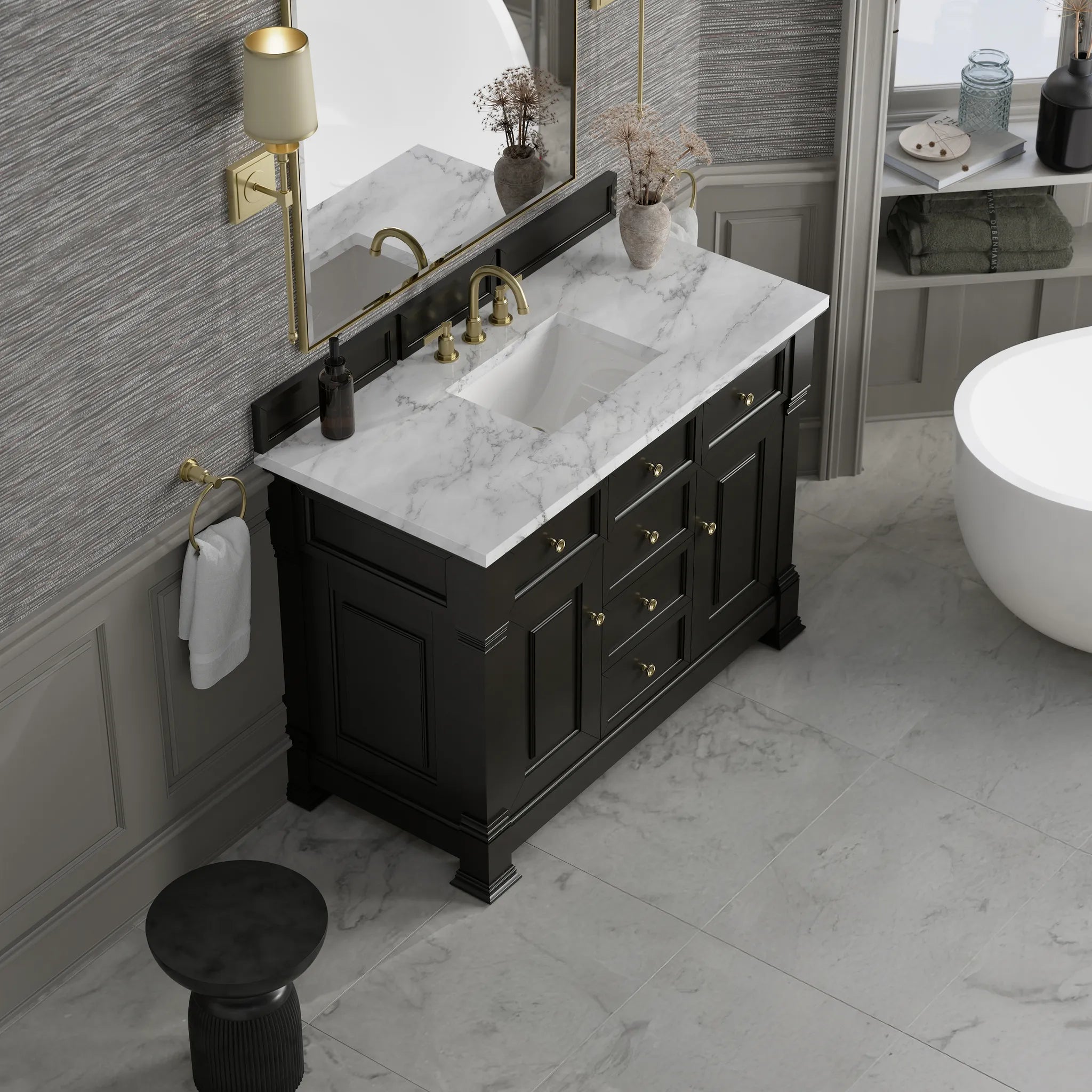 48" Brookfield Single Vanity in Black Onyx-Carrara White Marble-8" Widespread image 6
