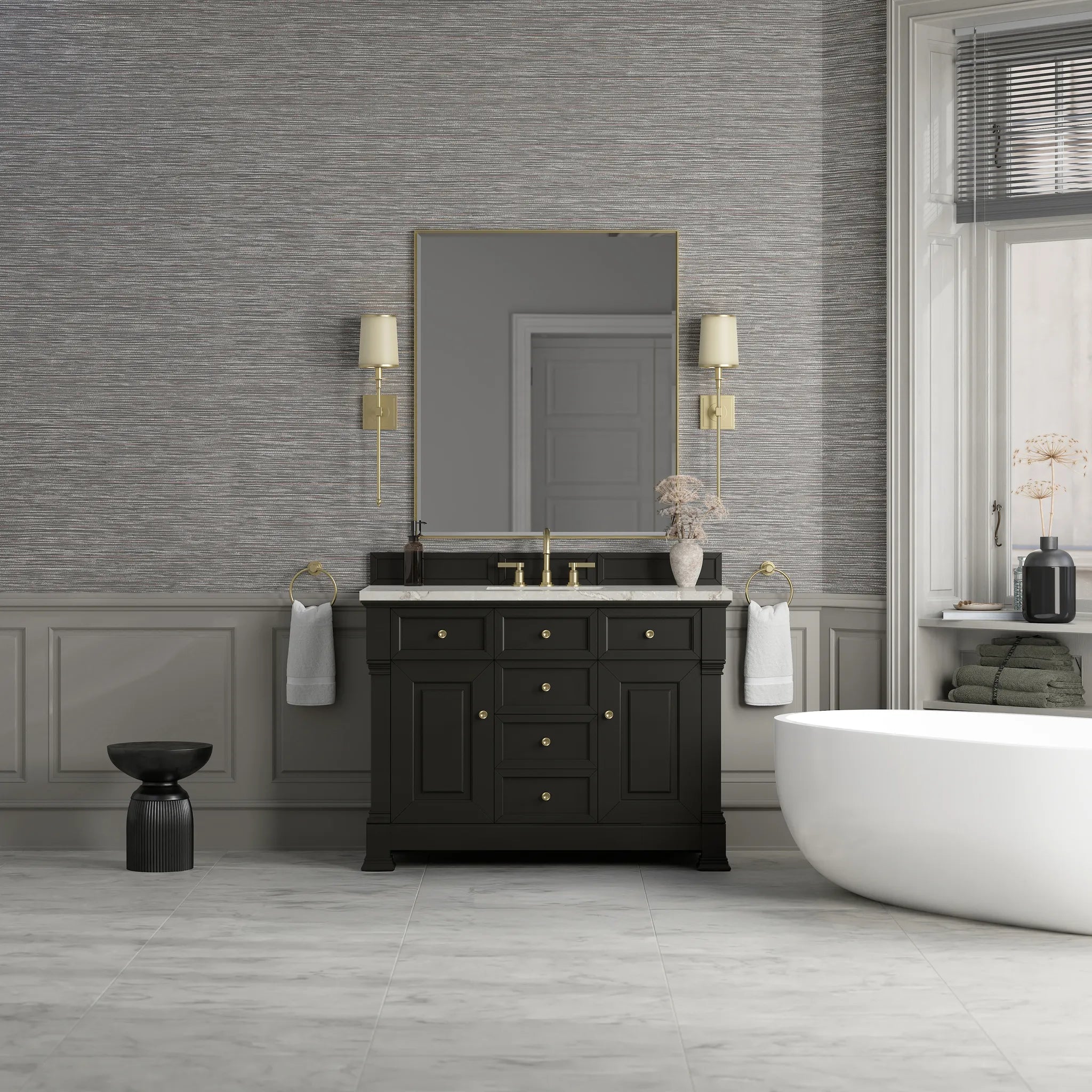 48" Brookfield Single Vanity in Black Onyx-Victorian Silver Silestone-8" Widespread image 2