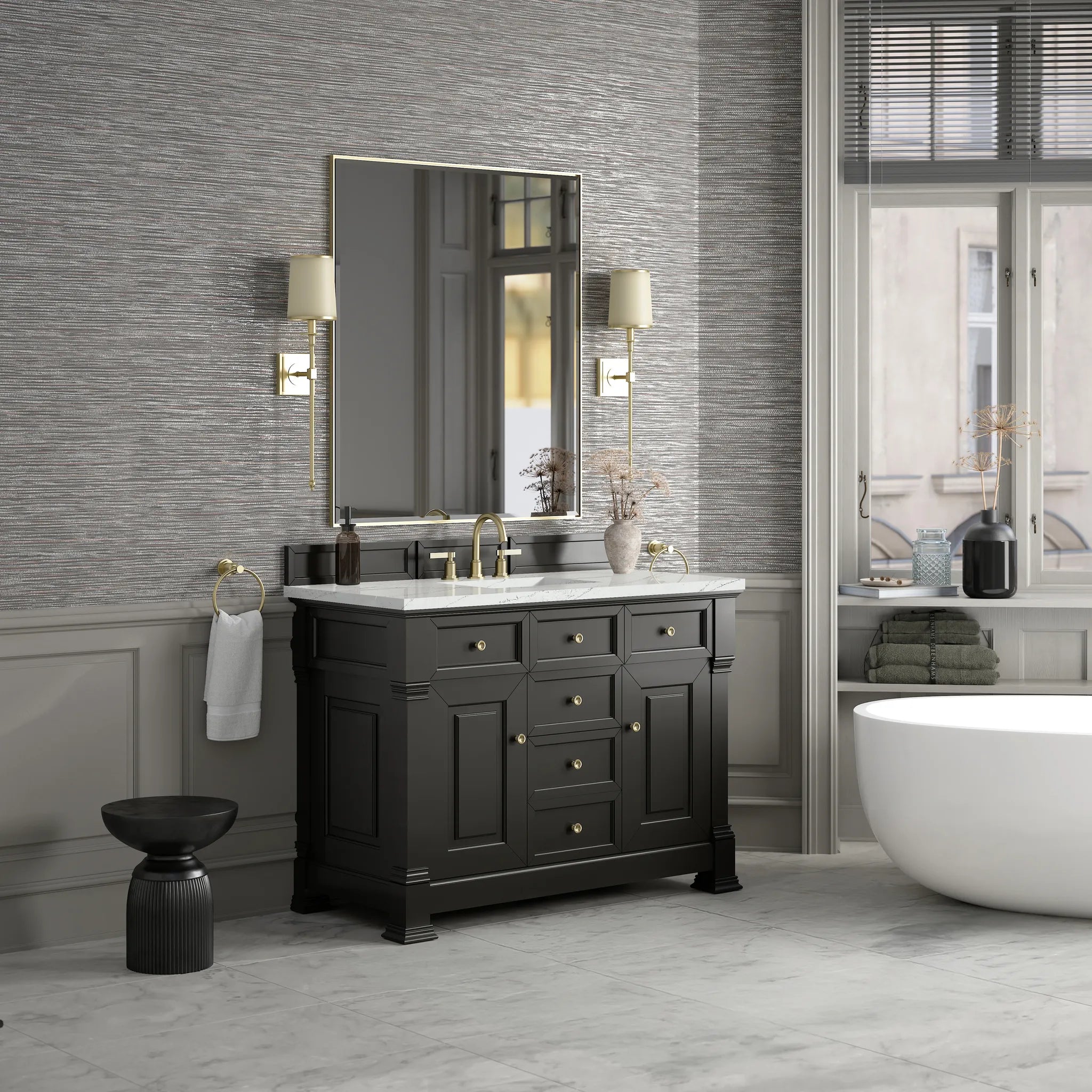 48" Brookfield Single Vanity in Black Onyx w/FreePower Wireless Charger-Ethereal Noctis Silestone-8" Widespread image 5