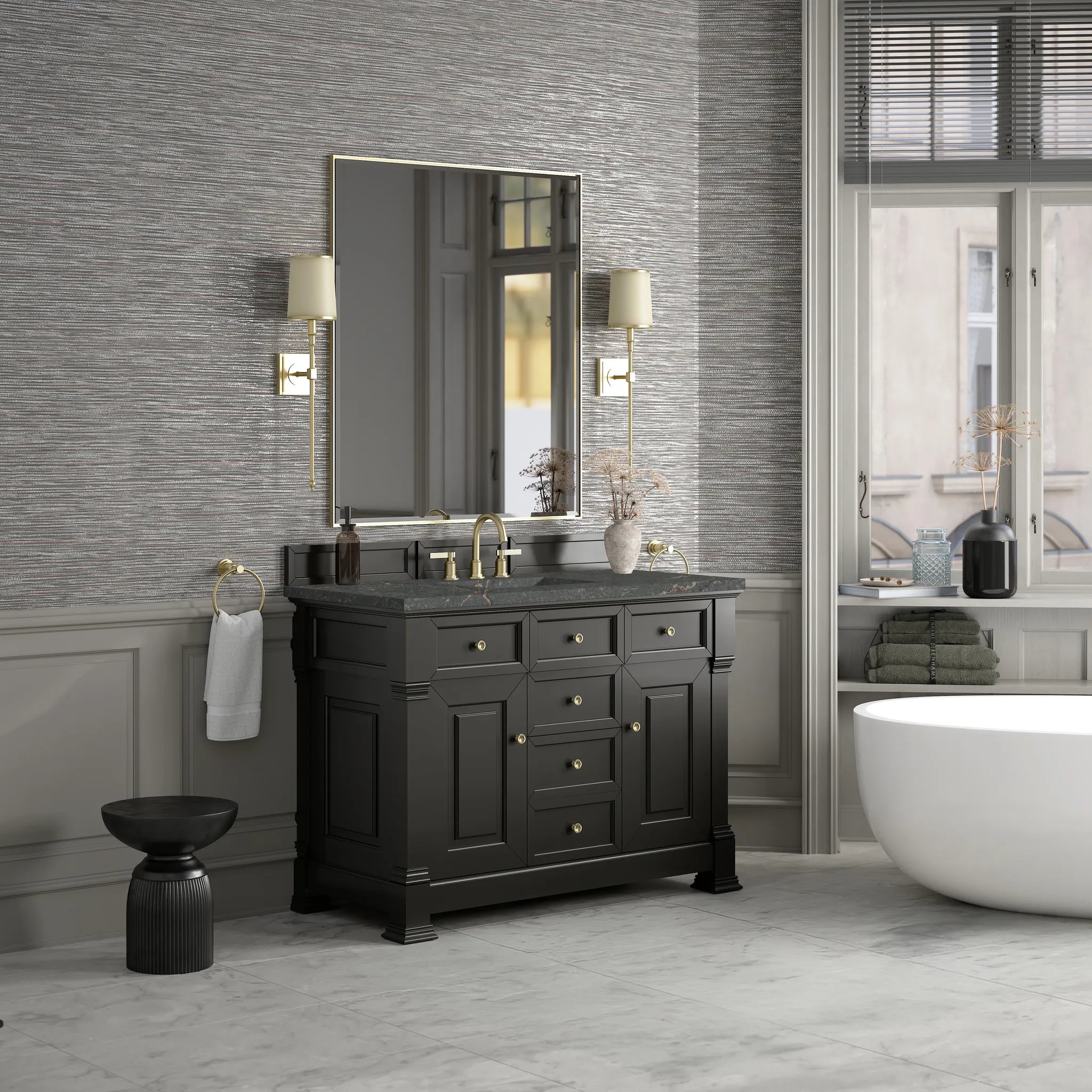 48" Brookfield Single Vanity in Black Onyx w/FreePower Wireless Charger-Parisien Bleu Silestone-8" Widespread image 5