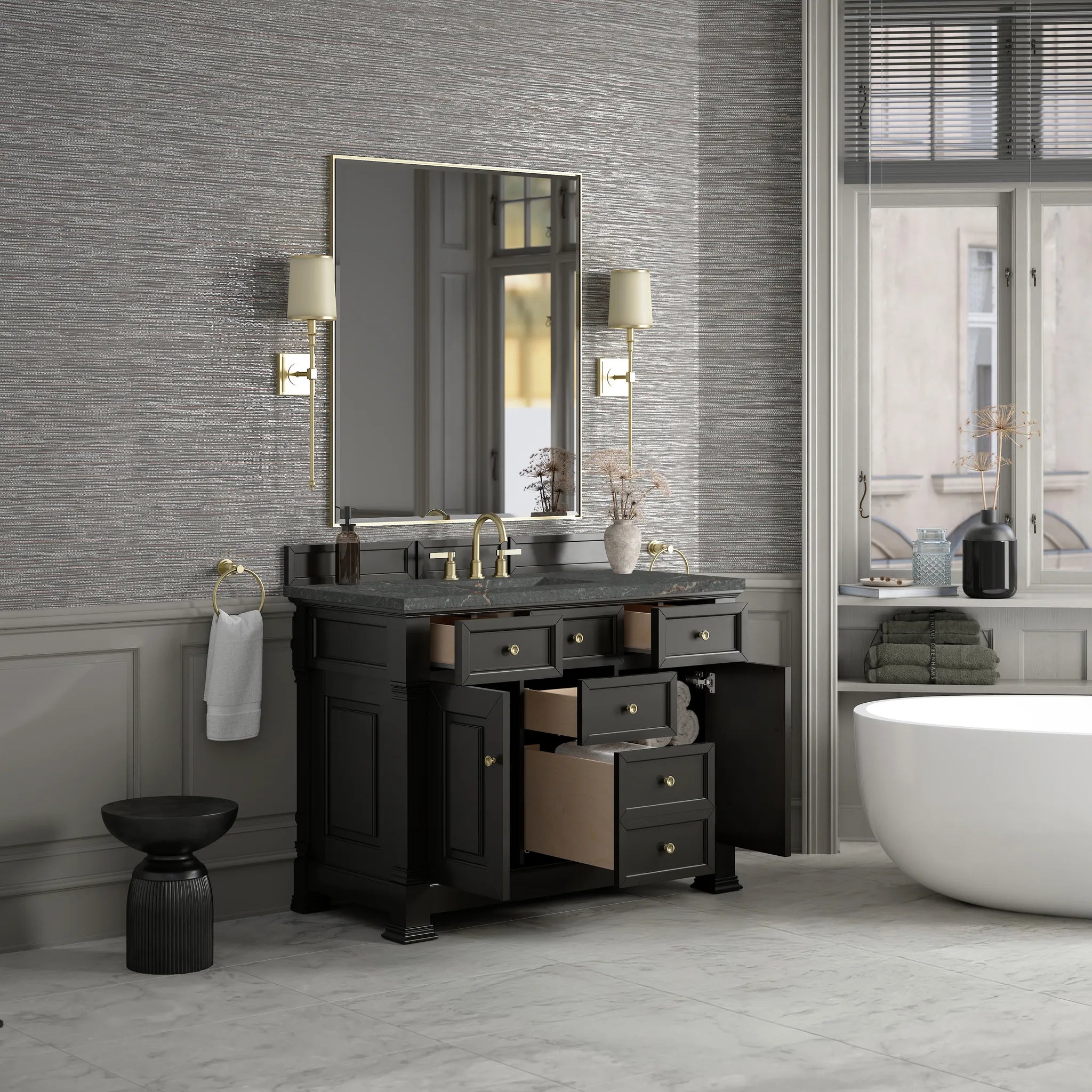 48" Brookfield Single Vanity in Black Onyx w/FreePower Wireless Charger-Parisien Bleu Silestone-8" Widespread image 6