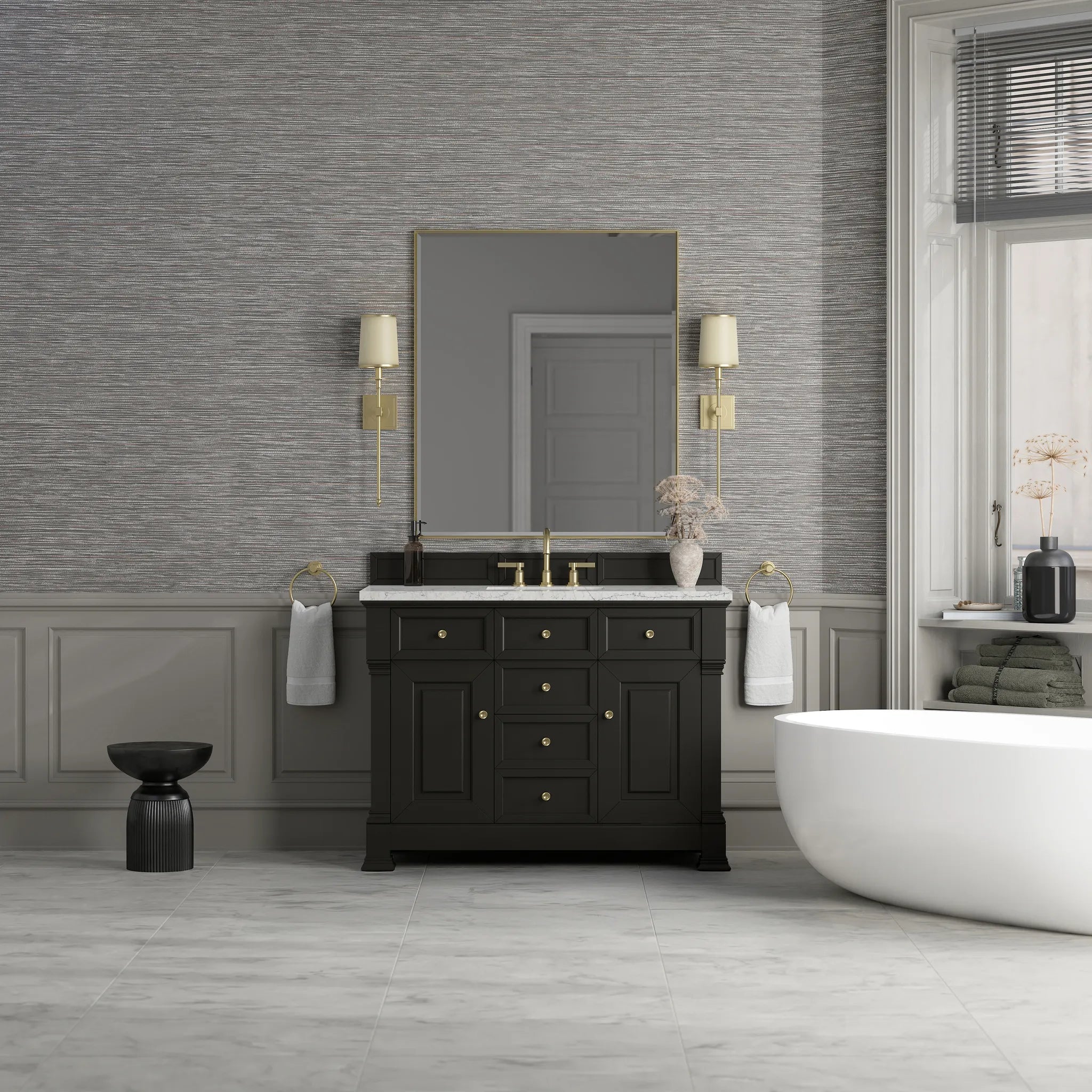 48" Brookfield Single Vanity in Black Onyx Wireless Charger-Eternal Jasmine Pearl Silestone-8" Widespread image 4