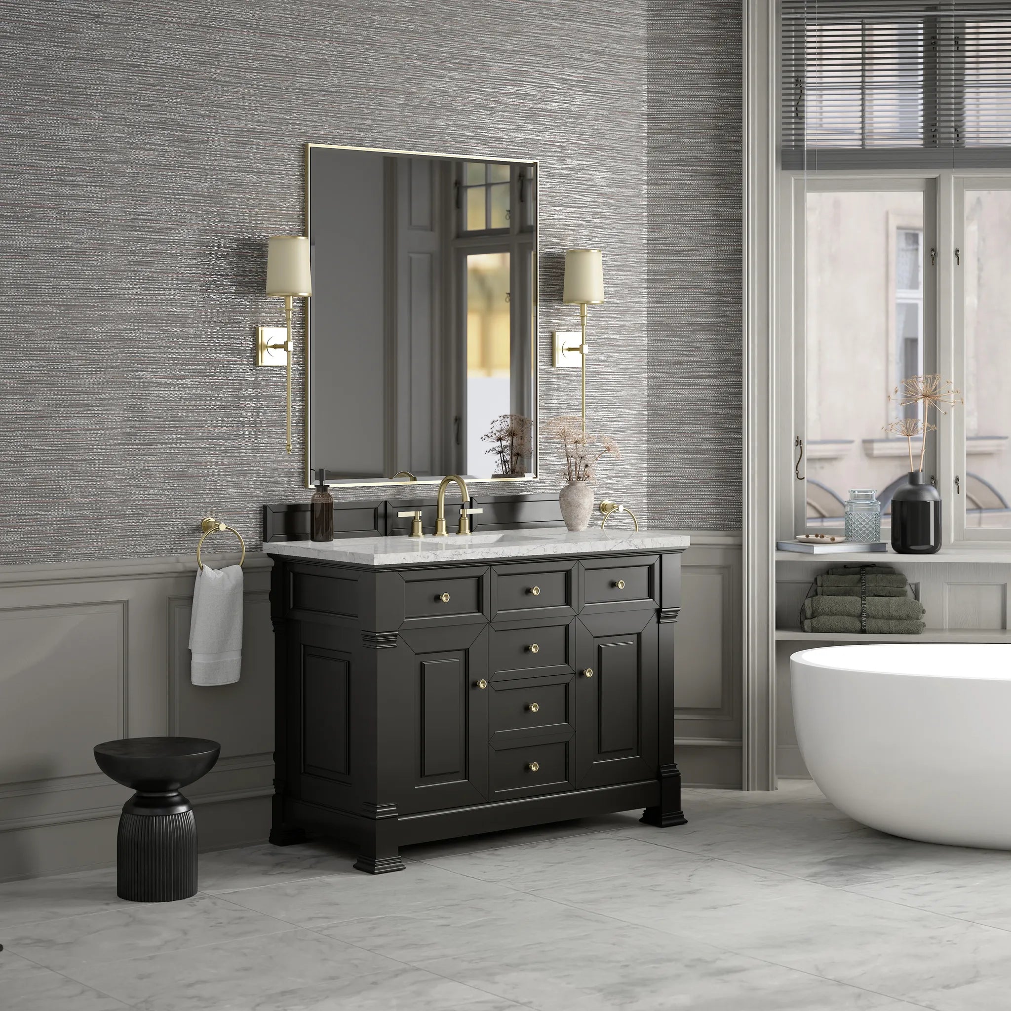 48" Brookfield Single Vanity in Black Onyx Wireless Charger-Eternal Jasmine Pearl Silestone-8" Widespread image 5