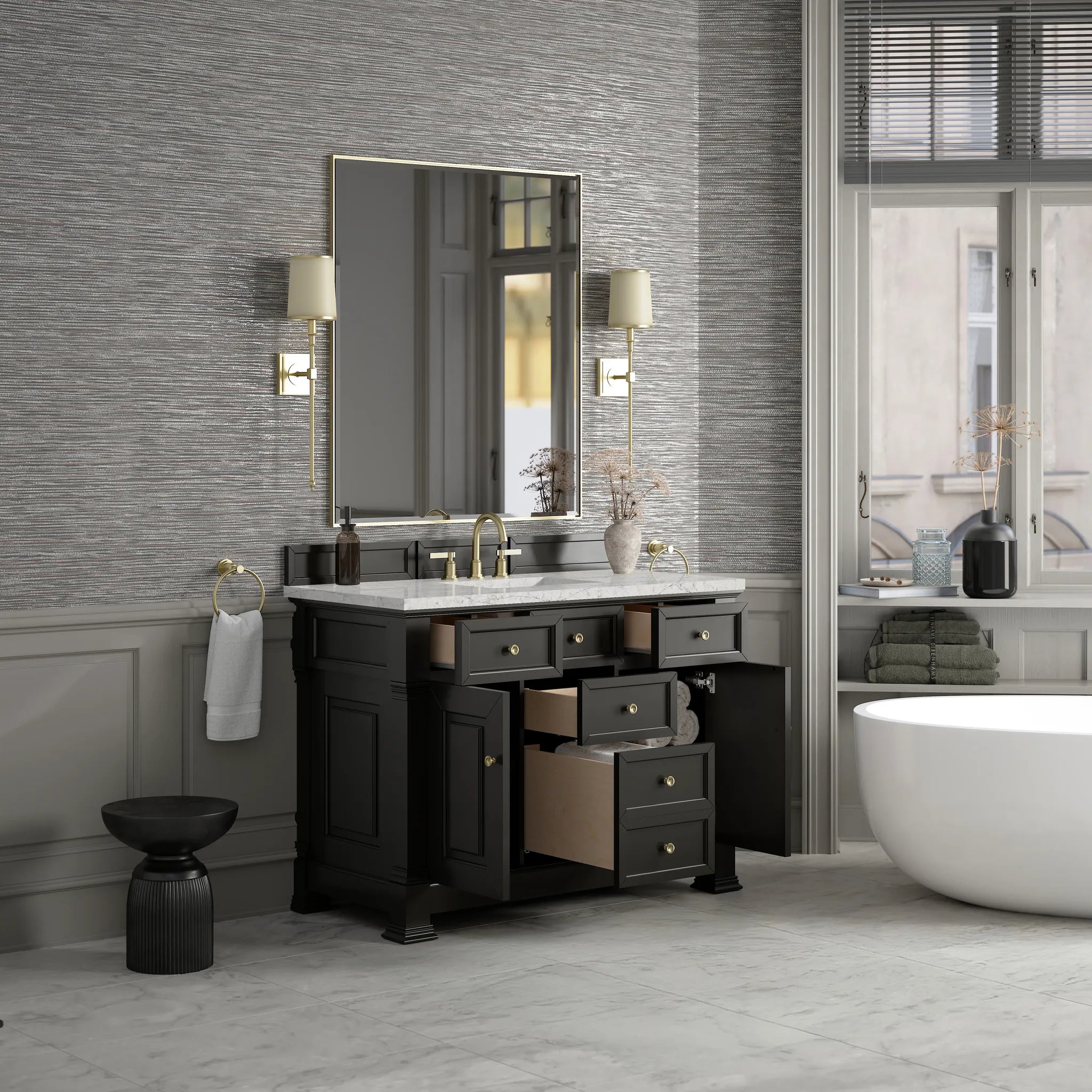 48" Brookfield Single Vanity in Black Onyx Wireless Charger-Eternal Jasmine Pearl Silestone-8" Widespread image 6