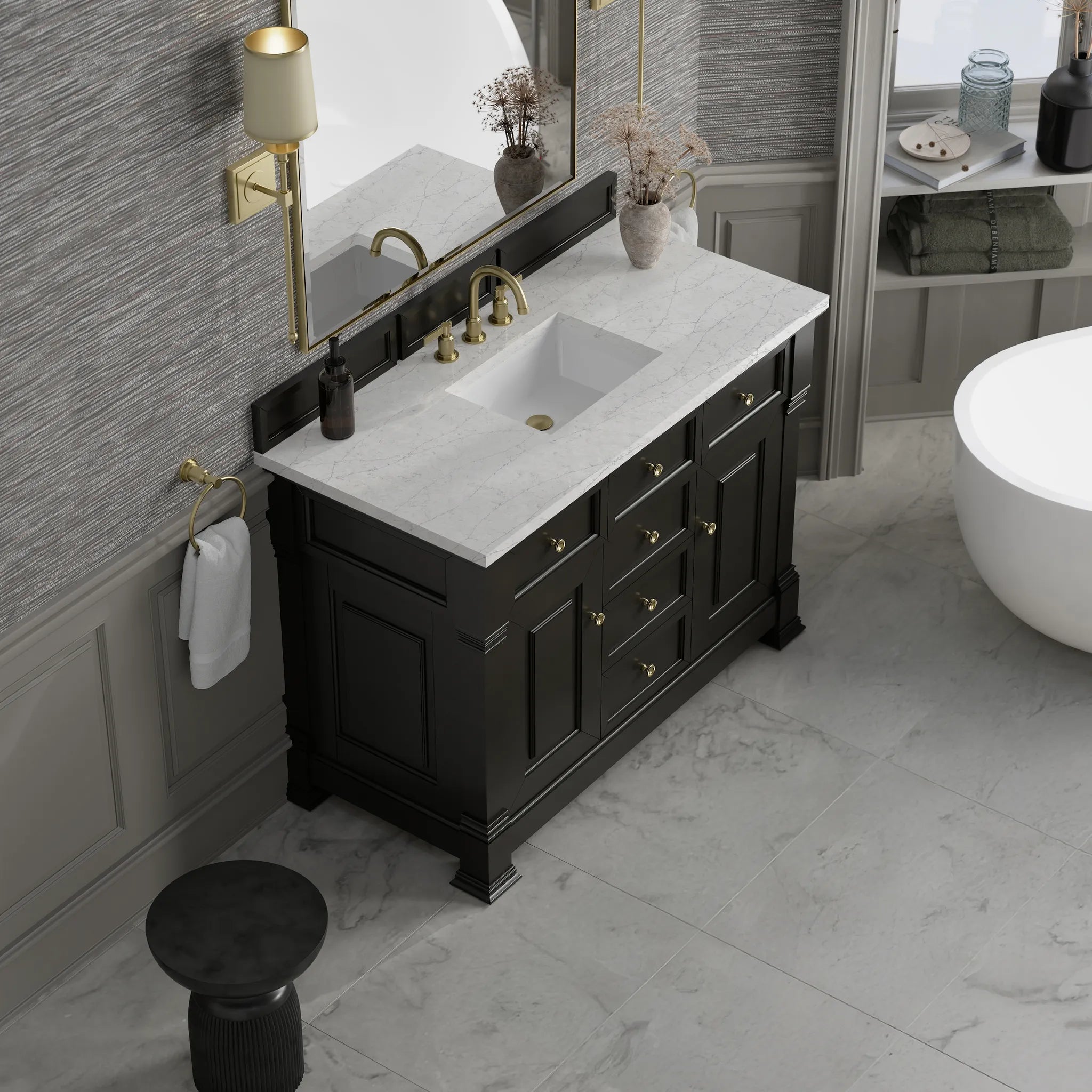 48" Brookfield Single Vanity in Black Onyx Wireless Charger-Eternal Jasmine Pearl Silestone-8" Widespread image 8