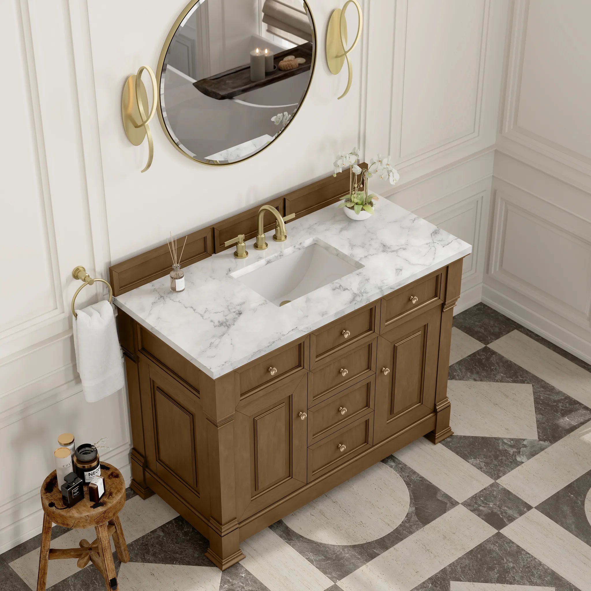 48" Brookfield Single Vanity in Honey Oak-Carrara White Marble-8" Widespread image 6