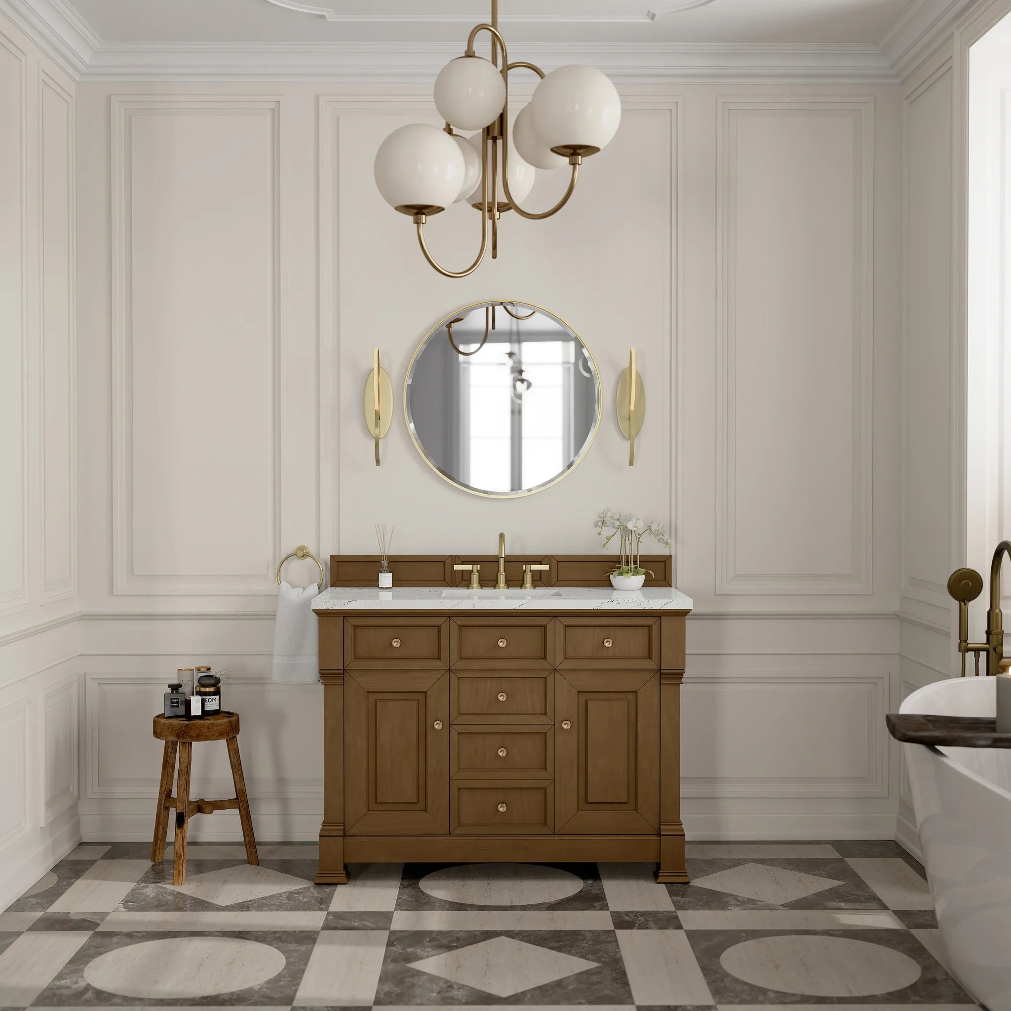 48" Brookfield Single Vanity in Honey Oak w/FreePower Wireless Charger-Ethereal Noctis Silestone-8" Widespread image 4