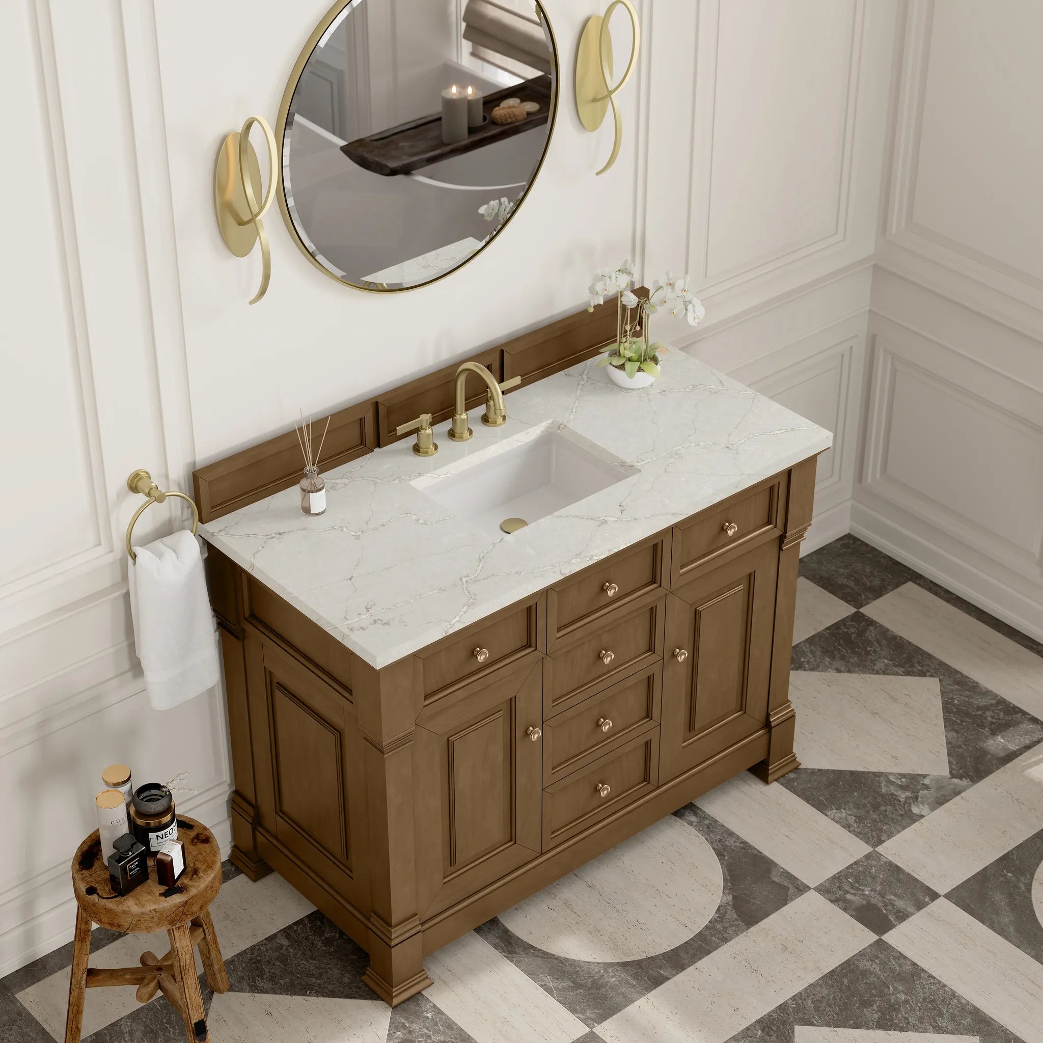 48" Brookfield Single Vanity in Honey Oak w/FreePower Wireless Charger-Victorian Silver Silestone-8" Widespread image 8