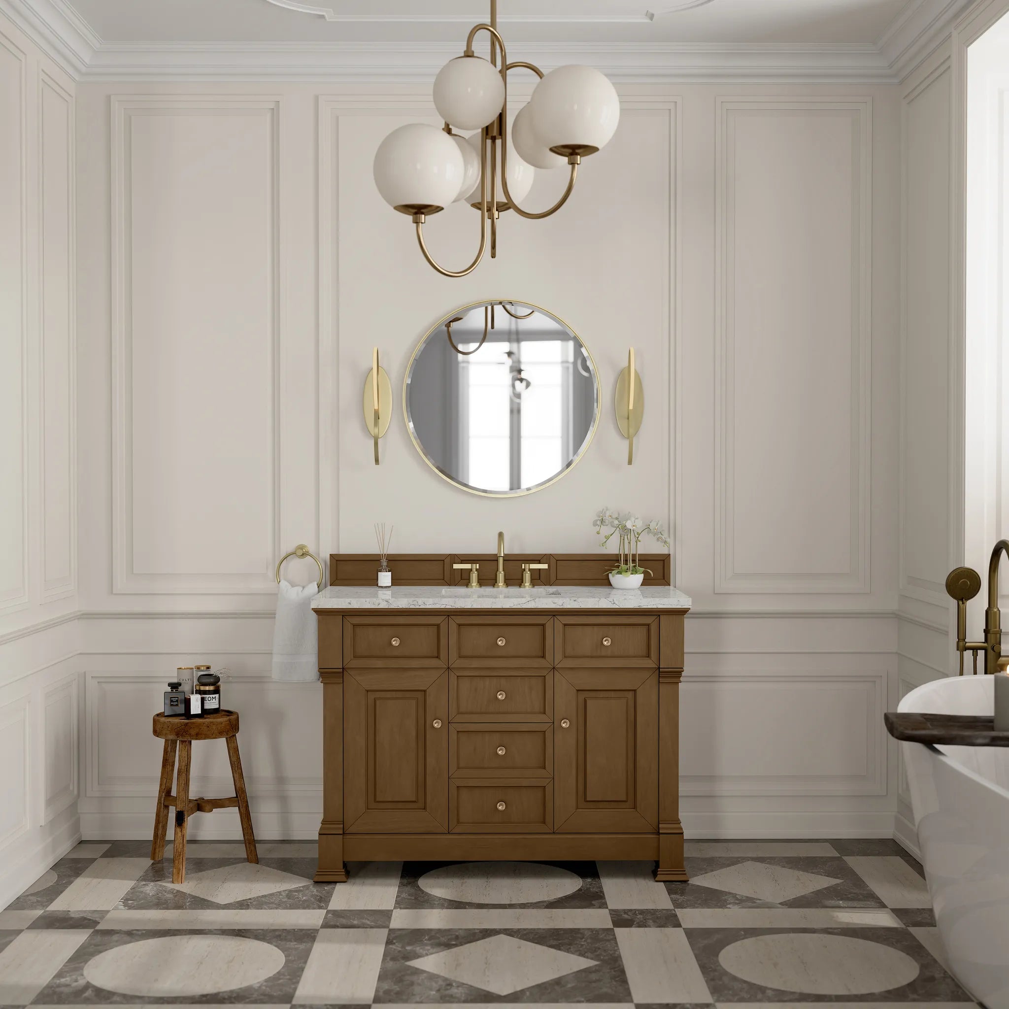 48" Brookfield Single Vanity in Honey Oak Wireless Charger-Eternal Jasmine Pearl Silestone-8" Widespread image 4
