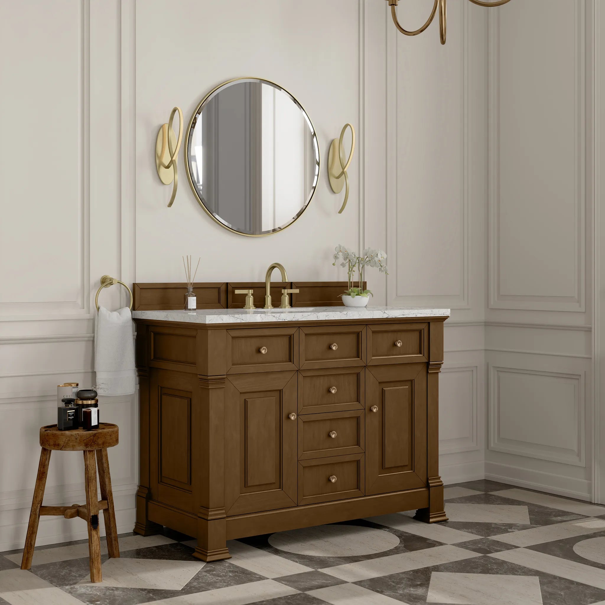 48" Brookfield Single Vanity in Honey Oak Wireless Charger-Eternal Jasmine Pearl Silestone-8" Widespread image 5