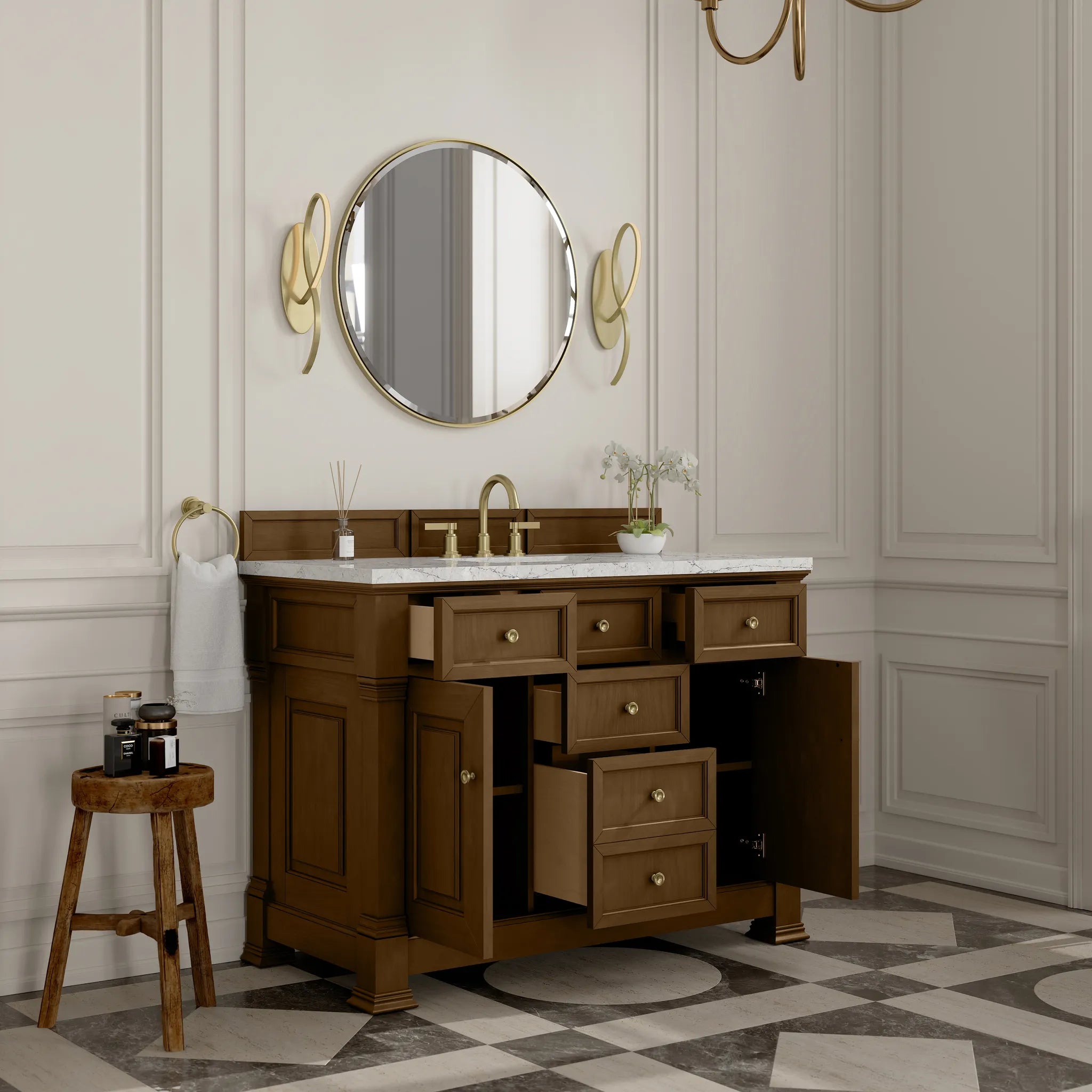 48" Brookfield Single Vanity in Honey Oak Wireless Charger-Eternal Jasmine Pearl Silestone-8" Widespread image 6