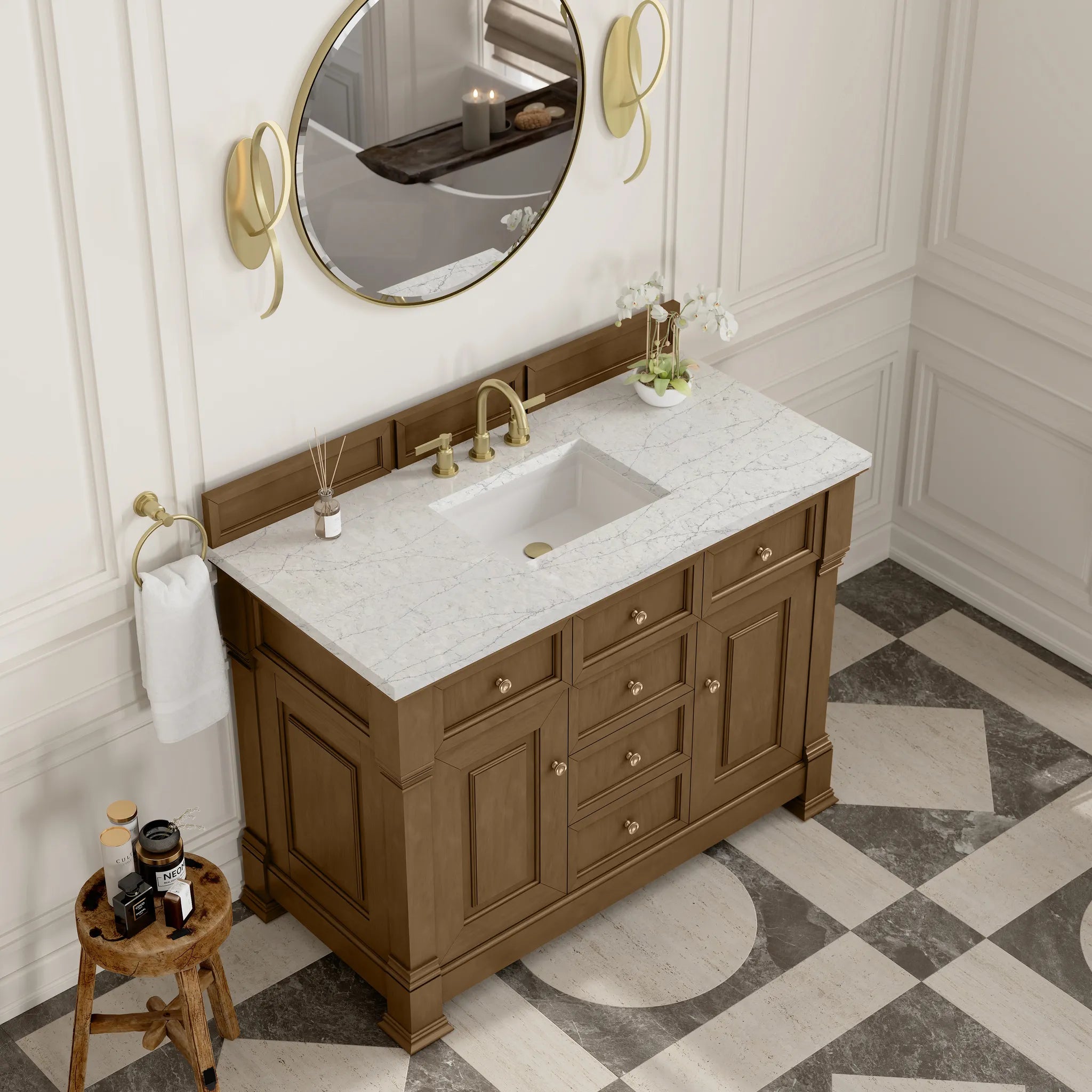 48" Brookfield Single Vanity in Honey Oak Wireless Charger-Eternal Jasmine Pearl Silestone-8" Widespread image 8
